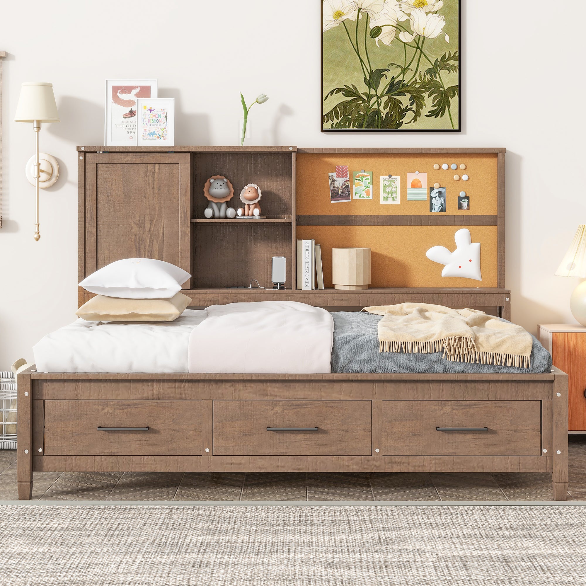 Royard Oaktree Daybed with Storage Shelves and 3 Drawers, Multi-functional Daybed Frame with Charging Station and Cork Board, Wood Storage Daybed with Slats Support