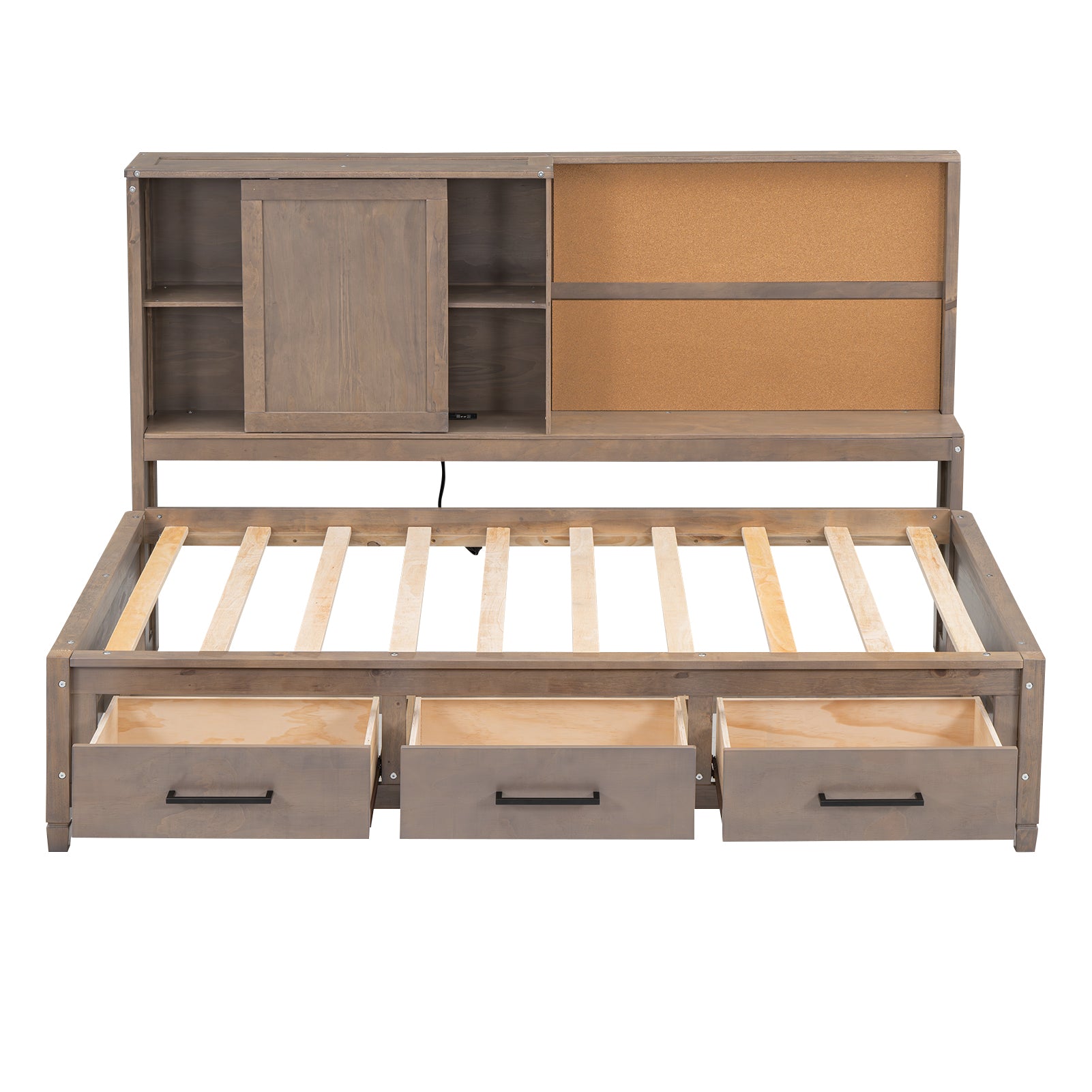 Royard Oaktree Daybed with Storage Shelves and 3 Drawers, Multi-functional Daybed Frame with Charging Station and Cork Board, Wood Storage Daybed with Slats Support