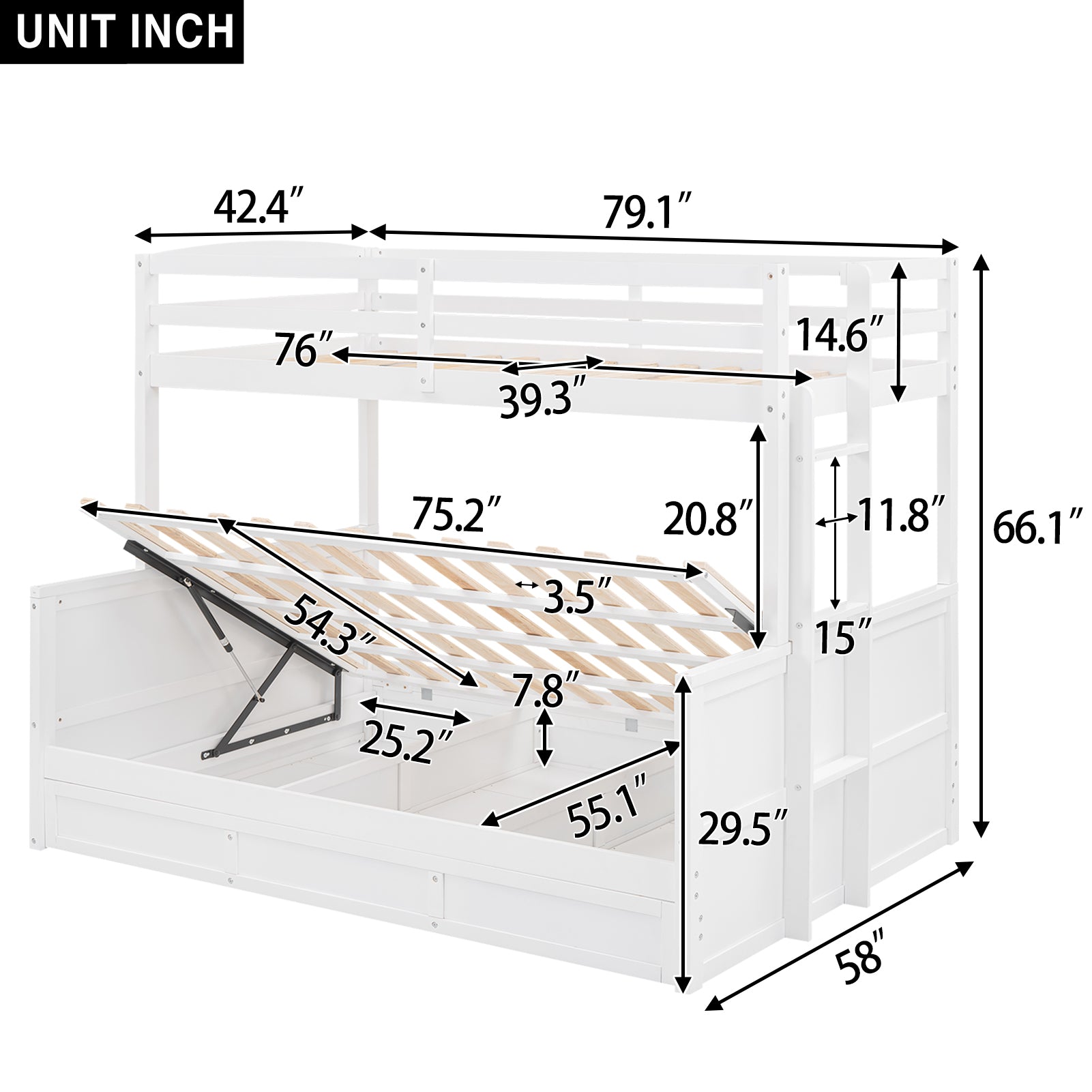 Royard Oaktree Twin over Full Bunk Bed with Hydraulic Storage, Safety Wood Bunk Bed Frame with Ladder and Guardrails for Teens Adult, Can Be Divided Into 2 Separate Platform Beds, White