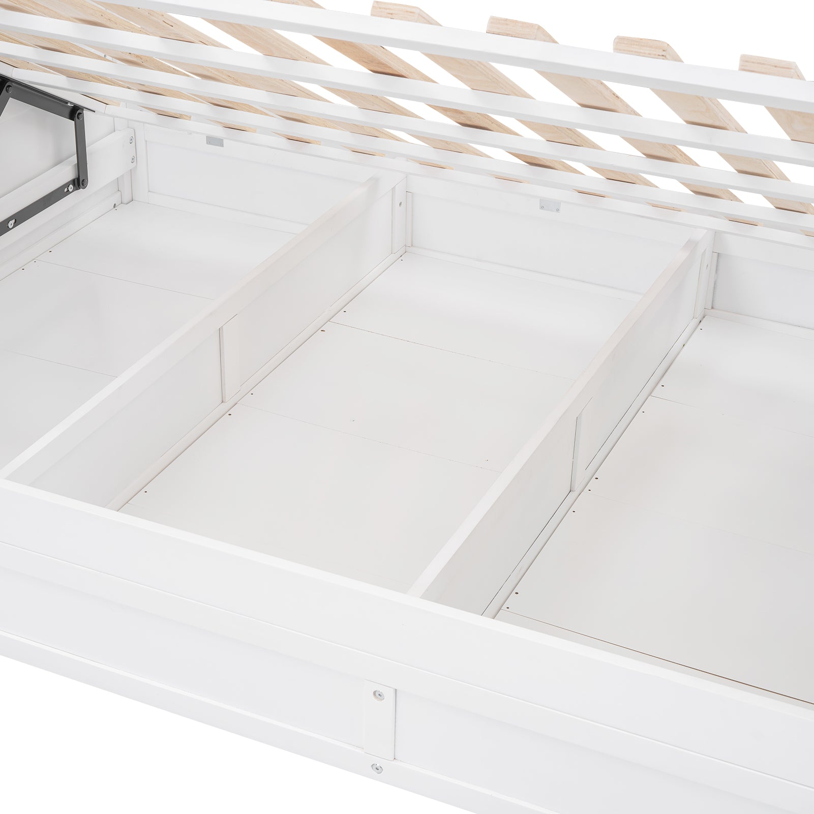 Royard Oaktree Twin over Full Bunk Bed with Hydraulic Storage, Safety Wood Bunk Bed Frame with Ladder and Guardrails for Teens Adult, Can Be Divided Into 2 Separate Platform Beds, White