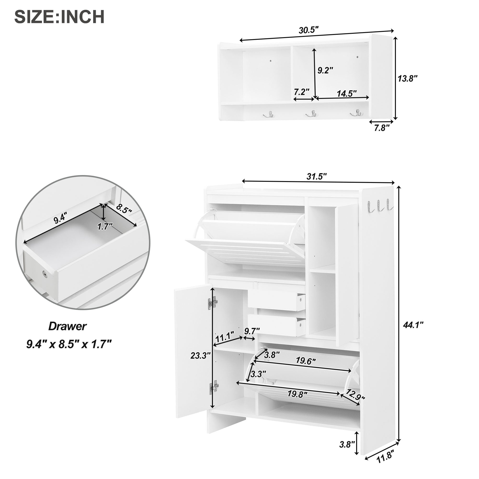 Royard Oaktree Shoe Cabinet and Wall Mount Coat Rack Set, Modern Shoes Organizer Cabinet with 2 Flip Drawers and 2 Doors, Hall Tree with Open Shelves and Hooks for Entryway Hallway Garage