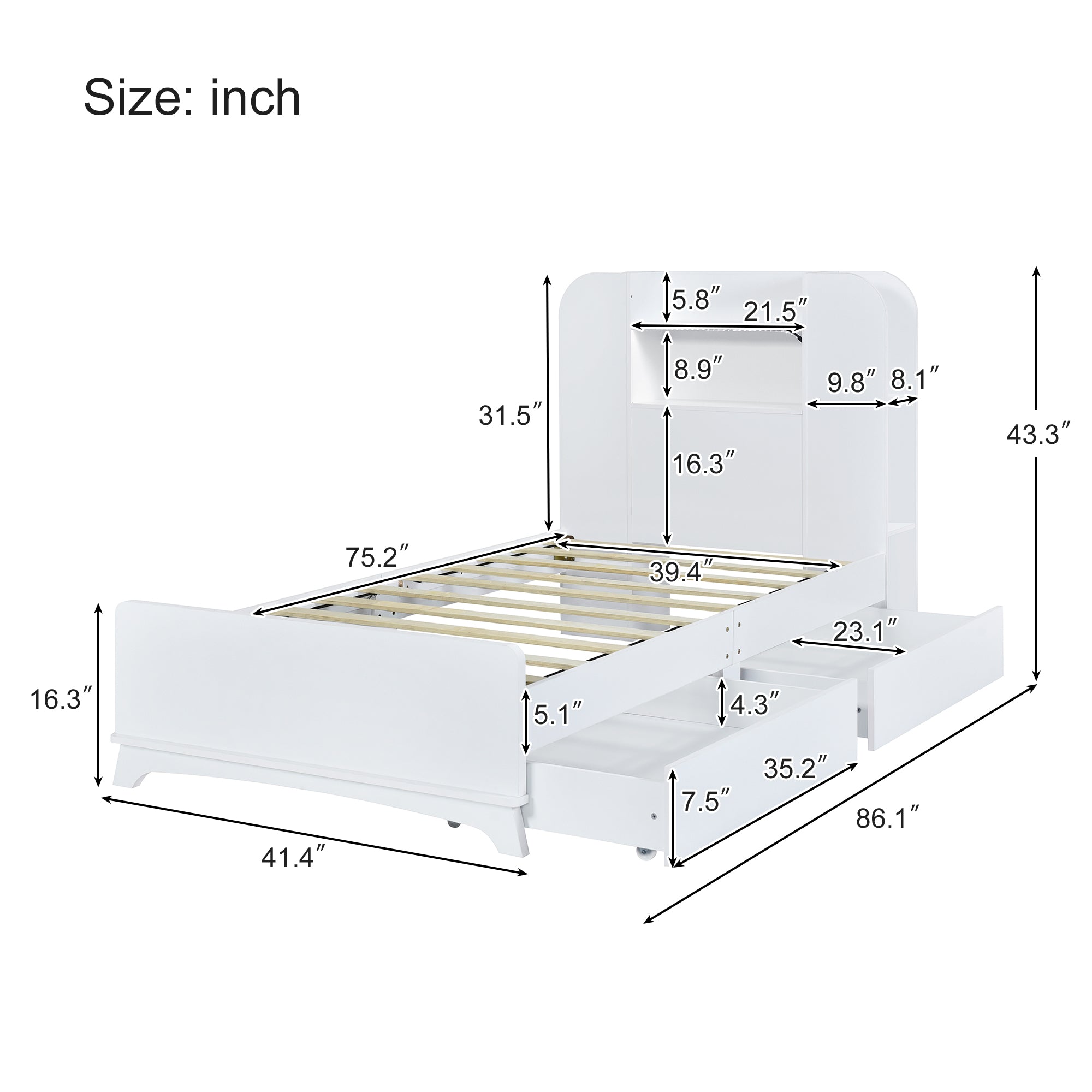 Royard Oaktree Twin Size Wood Platform Bed with Storage Headboard and LED Light, Multi-functional Bed Frame with Shelves, Rustic Storage Captain's Bed with Slat Support