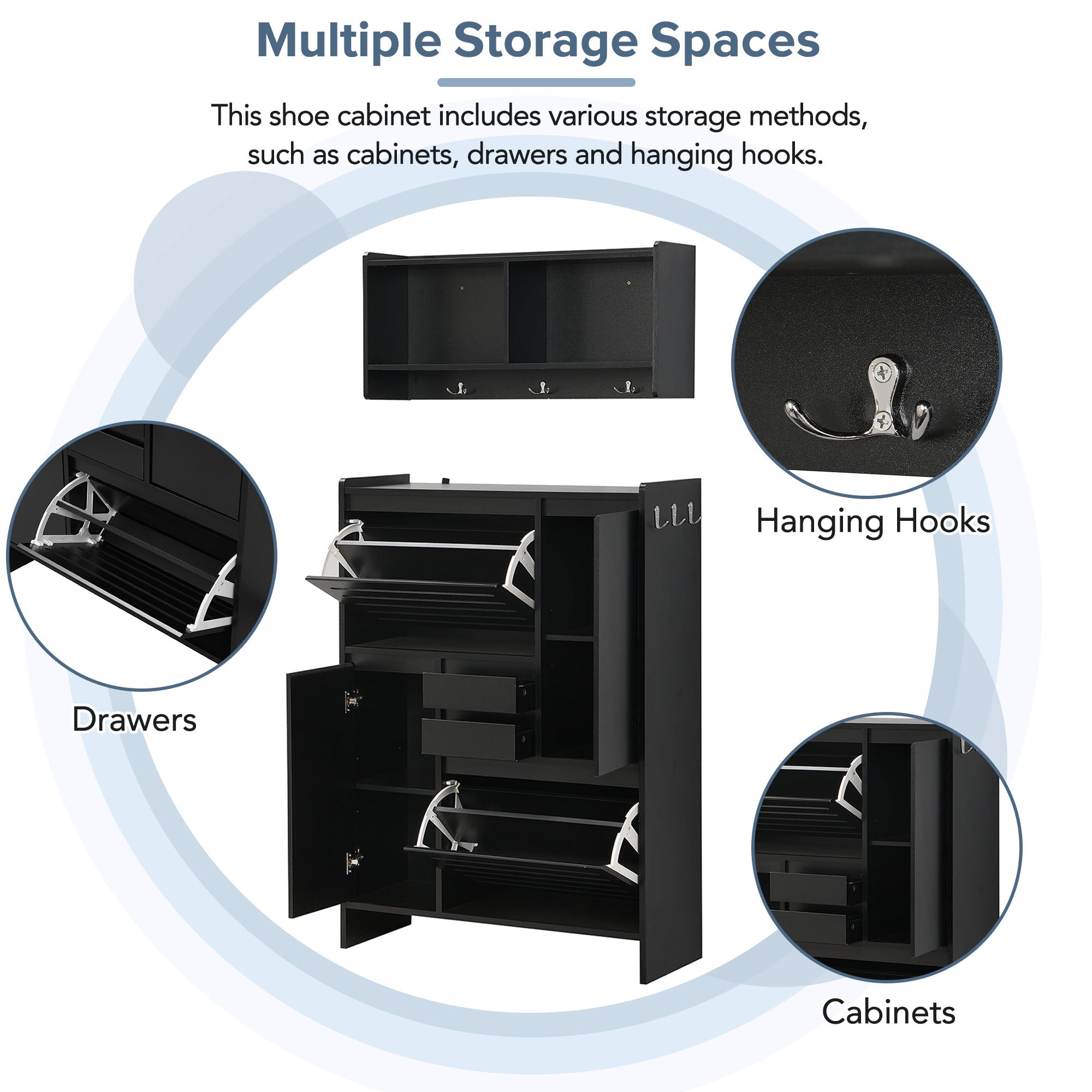 Royard Oaktree Shoe Cabinet and Wall Mount Coat Rack Set, Modern Shoes Organizer Cabinet with 2 Flip Drawers and 2 Doors, Hall Tree with Open Shelves and Hooks for Entryway Hallway Garage