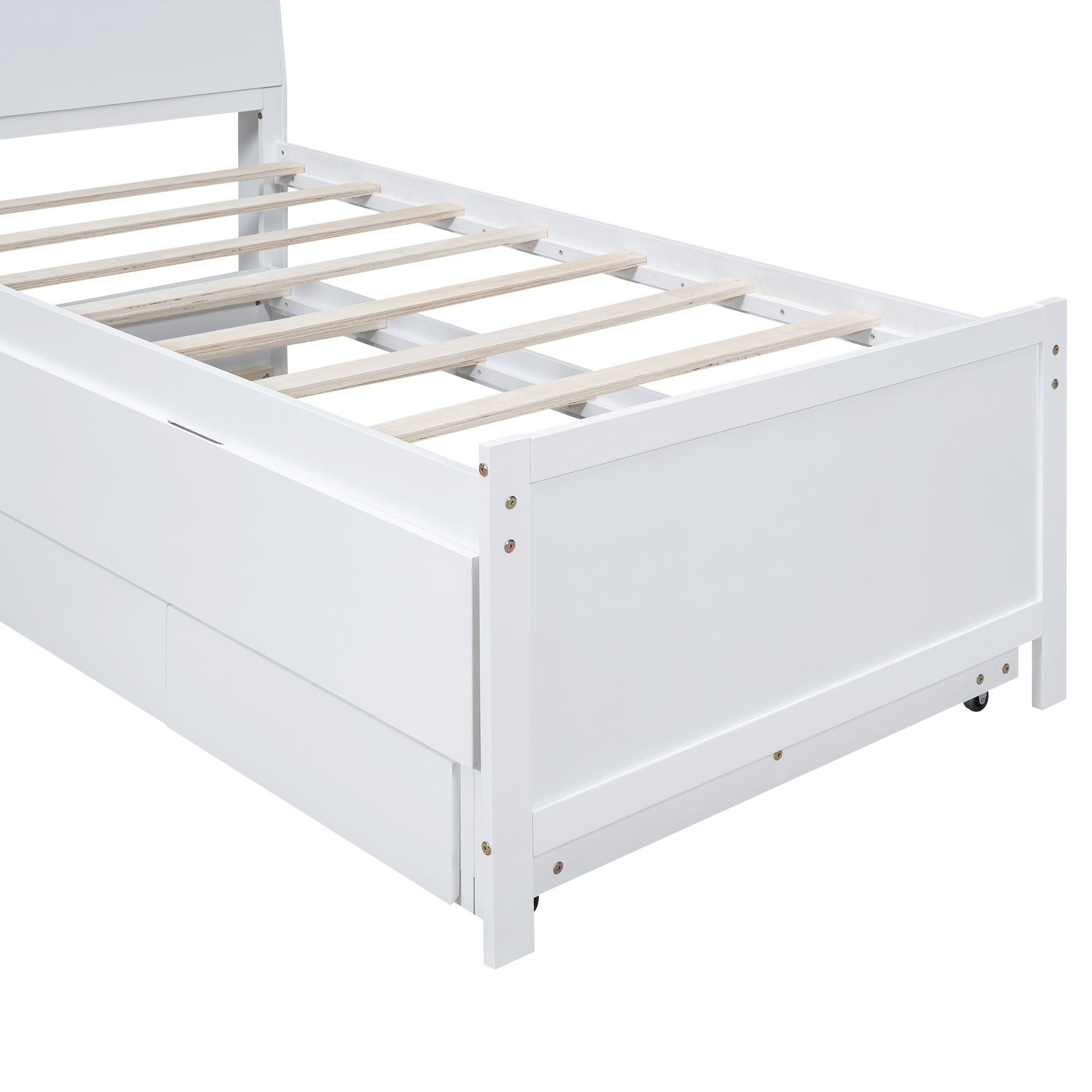 Royard Oaktree Platform Bed with Storage Headboard and LED Light, Multi-functional Bed Frame with Twin Size Trundle and 3 Drawers, Wood Storage Bed with Slat Support, White