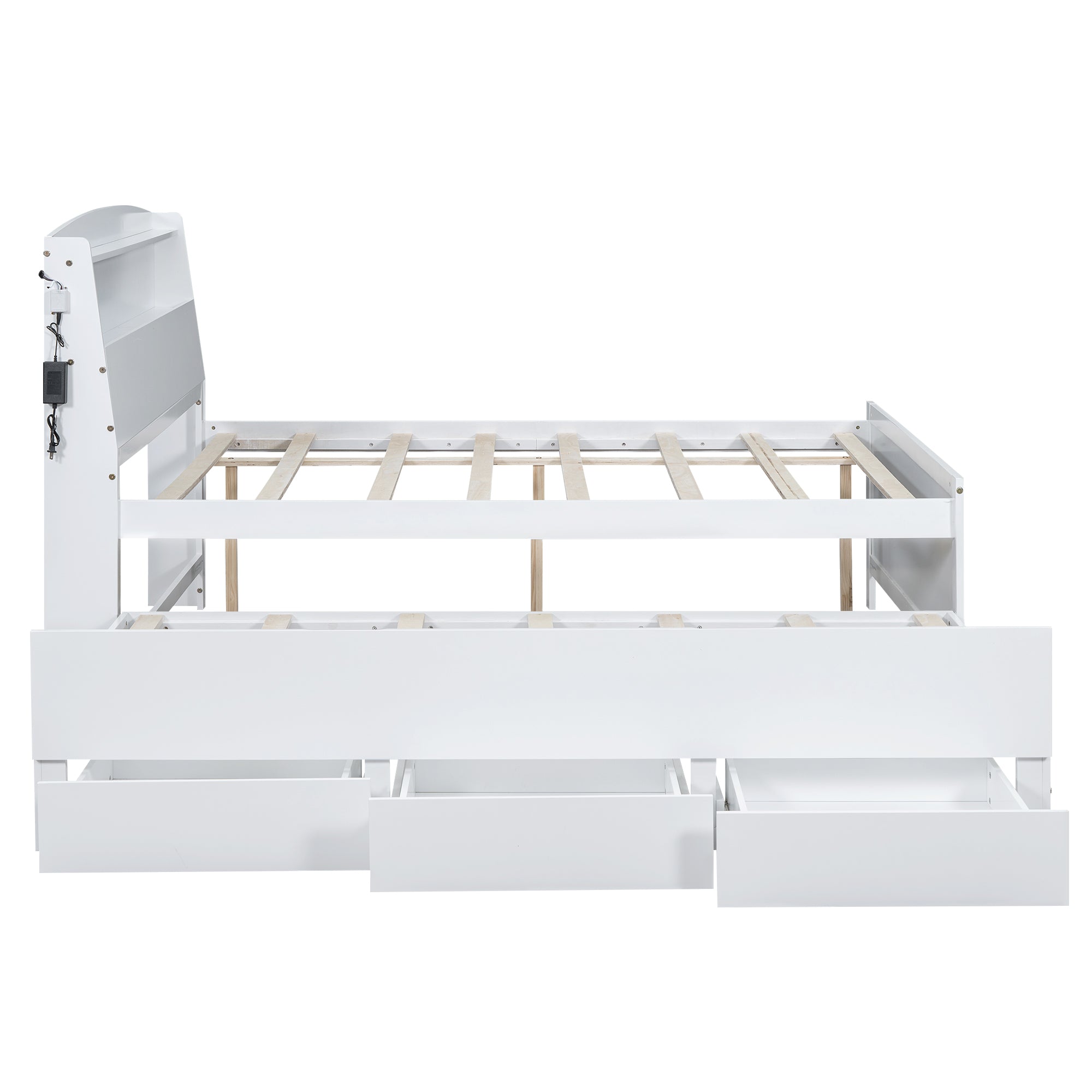 Royard Oaktree Platform Bed with Storage Headboard and LED Light, Multi-functional Bed Frame with Twin Size Trundle and 3 Drawers, Wood Storage Bed with Slat Support, White