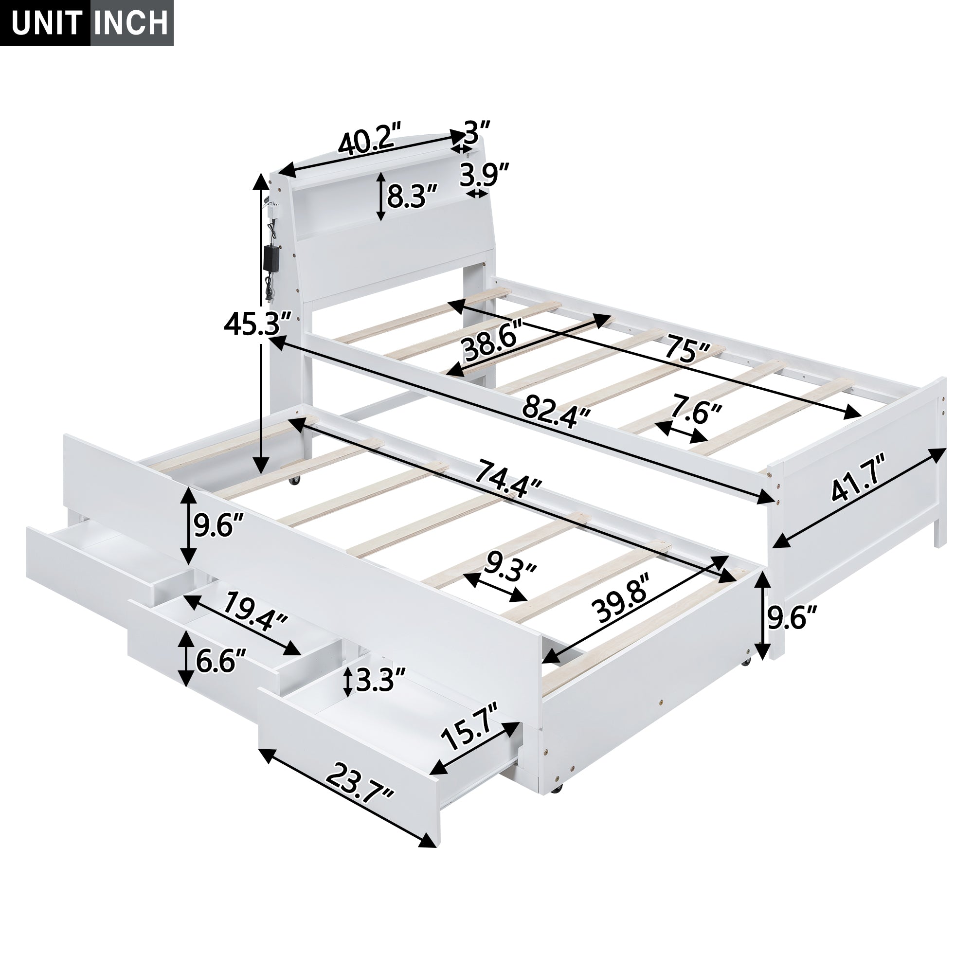 Royard Oaktree Platform Bed with Storage Headboard and LED Light, Multi-functional Bed Frame with Twin Size Trundle and 3 Drawers, Wood Storage Bed with Slat Support, White