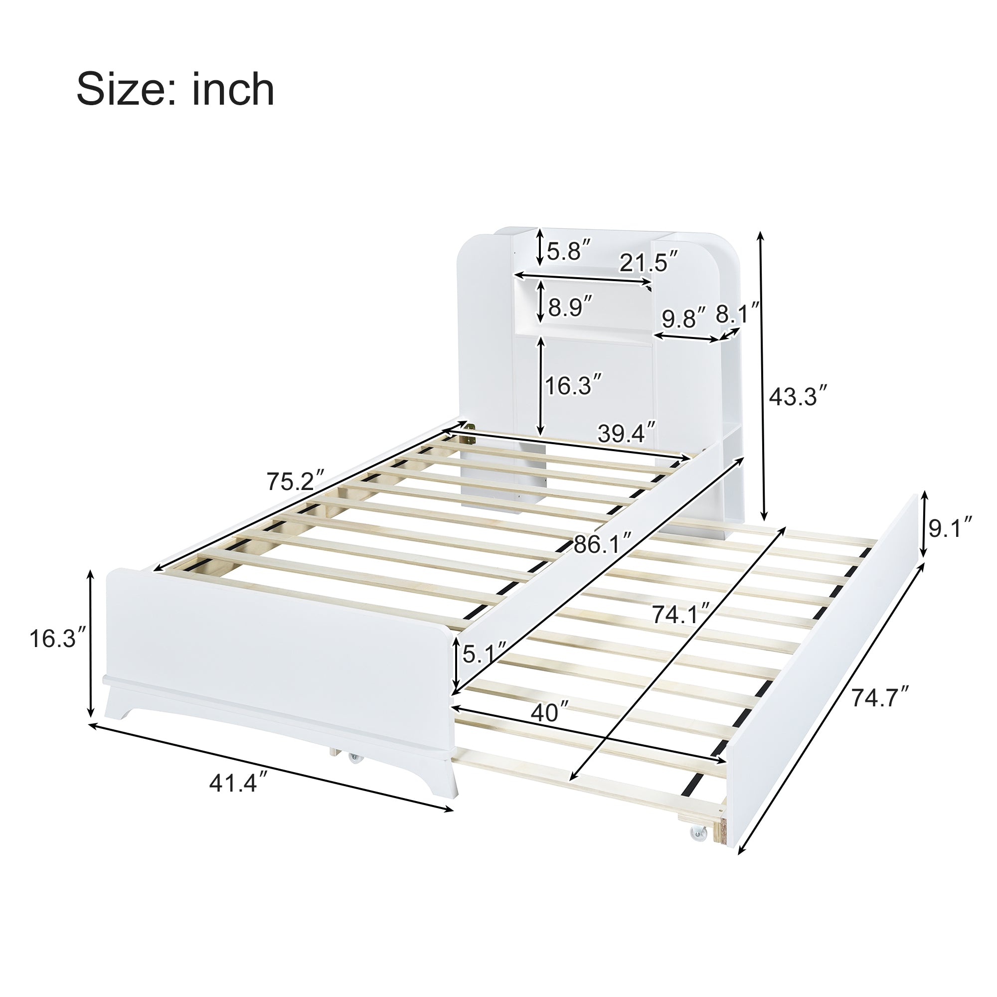 Royard Oaktree Twin Size Wood Platform Bed with Storage Headboard and LED Light, Multi-functional Bed Frame with Shelves, Rustic Storage Captain's Bed with Slat Support