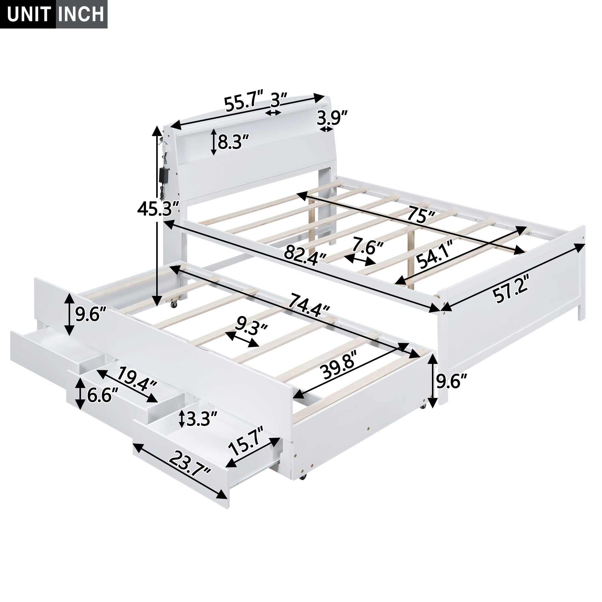 Royard Oaktree Platform Bed with Storage Headboard and LED Light, Multi-functional Bed Frame with Twin Size Trundle and 3 Drawers, Wood Storage Bed with Slat Support, White