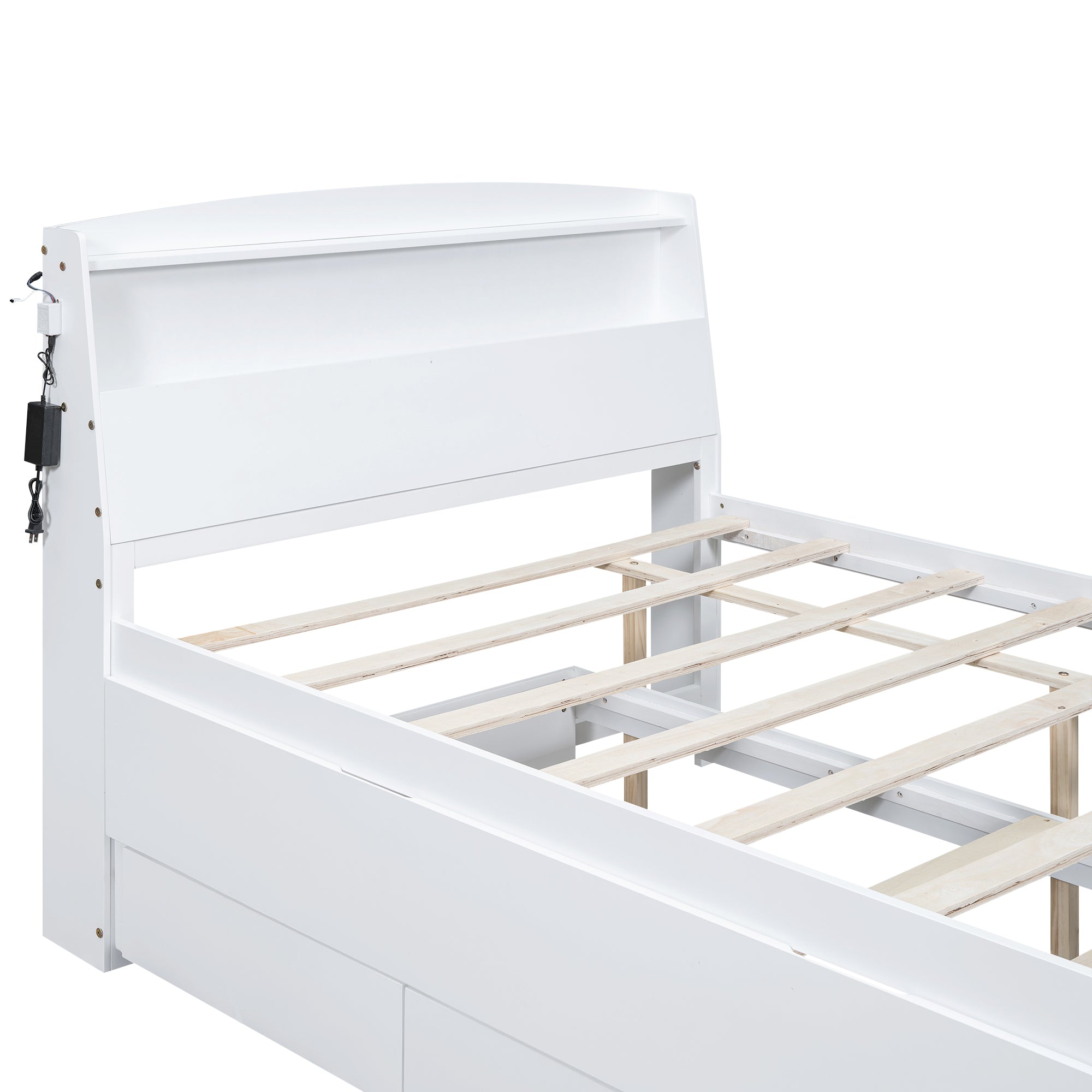 Royard Oaktree Platform Bed with Storage Headboard and LED Light, Multi-functional Bed Frame with Twin Size Trundle and 3 Drawers, Wood Storage Bed with Slat Support, White