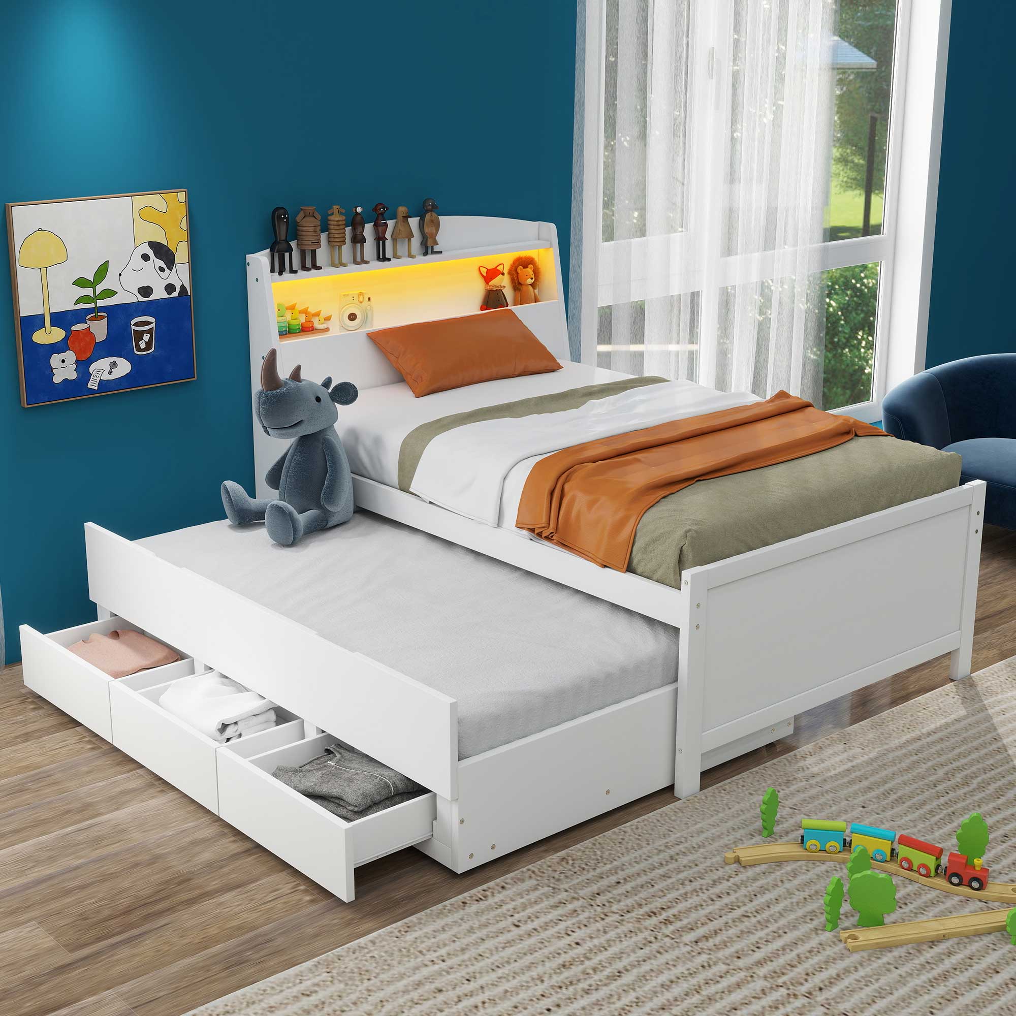 Royard Oaktree Platform Bed with Storage Headboard and LED Light, Multi-functional Bed Frame with Twin Size Trundle and 3 Drawers, Wood Storage Bed with Slat Support, White