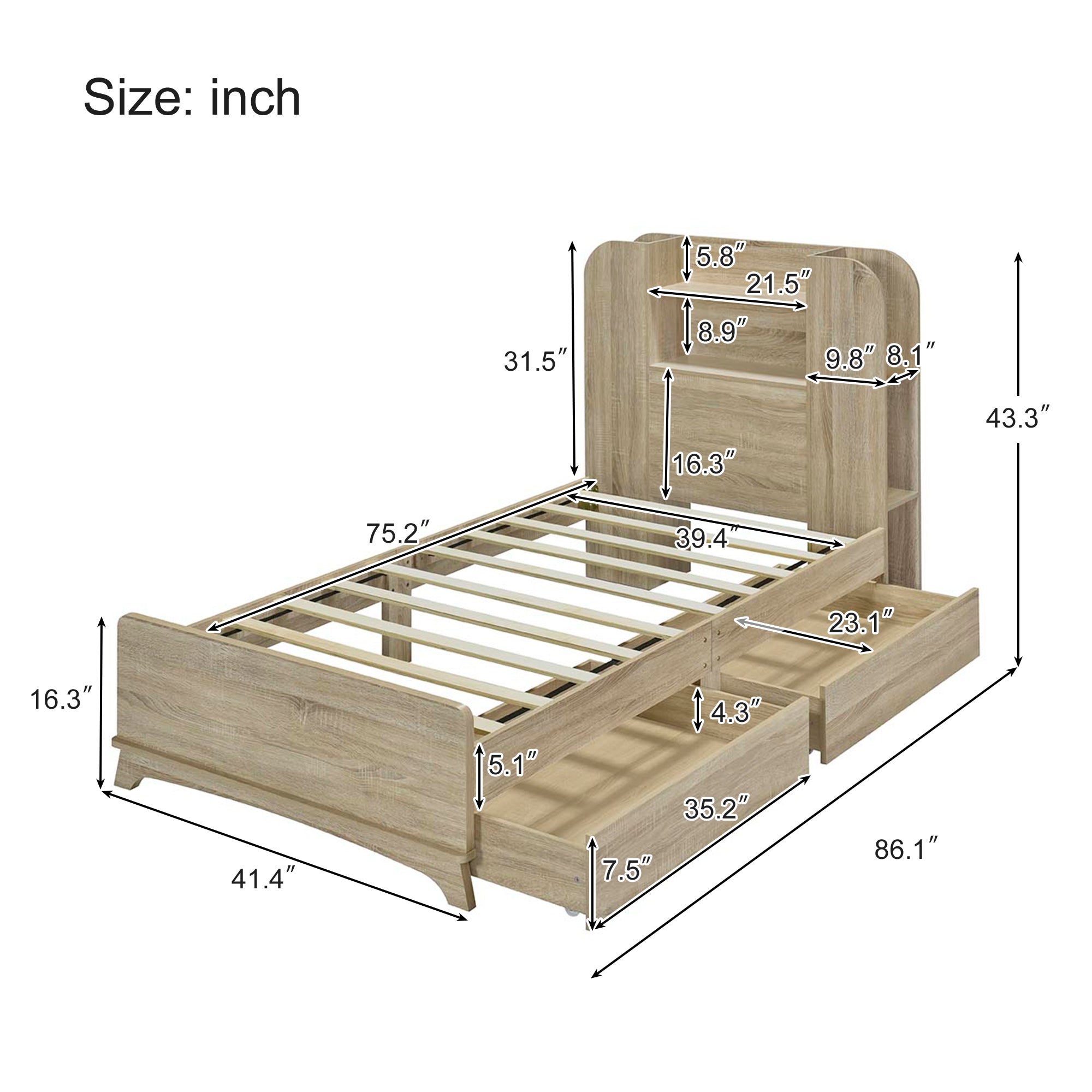 Royard Oaktree Twin Size Wood Platform Bed with Storage Headboard and LED Light, Multi-functional Bed Frame with Shelves, Rustic Storage Captain's Bed with Slat Support