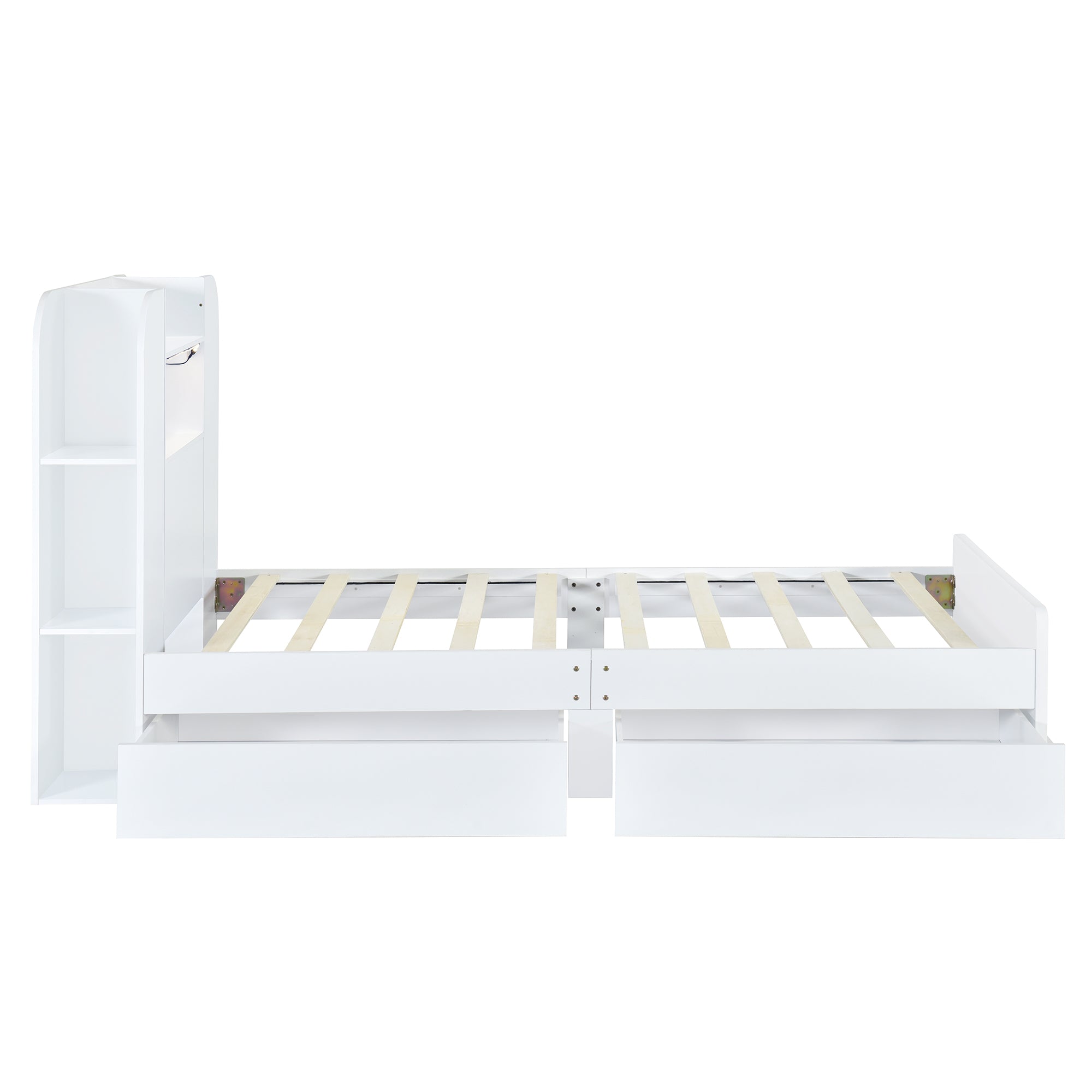 Royard Oaktree Twin Size Wood Platform Bed with Storage Headboard and LED Light, Multi-functional Bed Frame with Shelves, Rustic Storage Captain's Bed with Slat Support