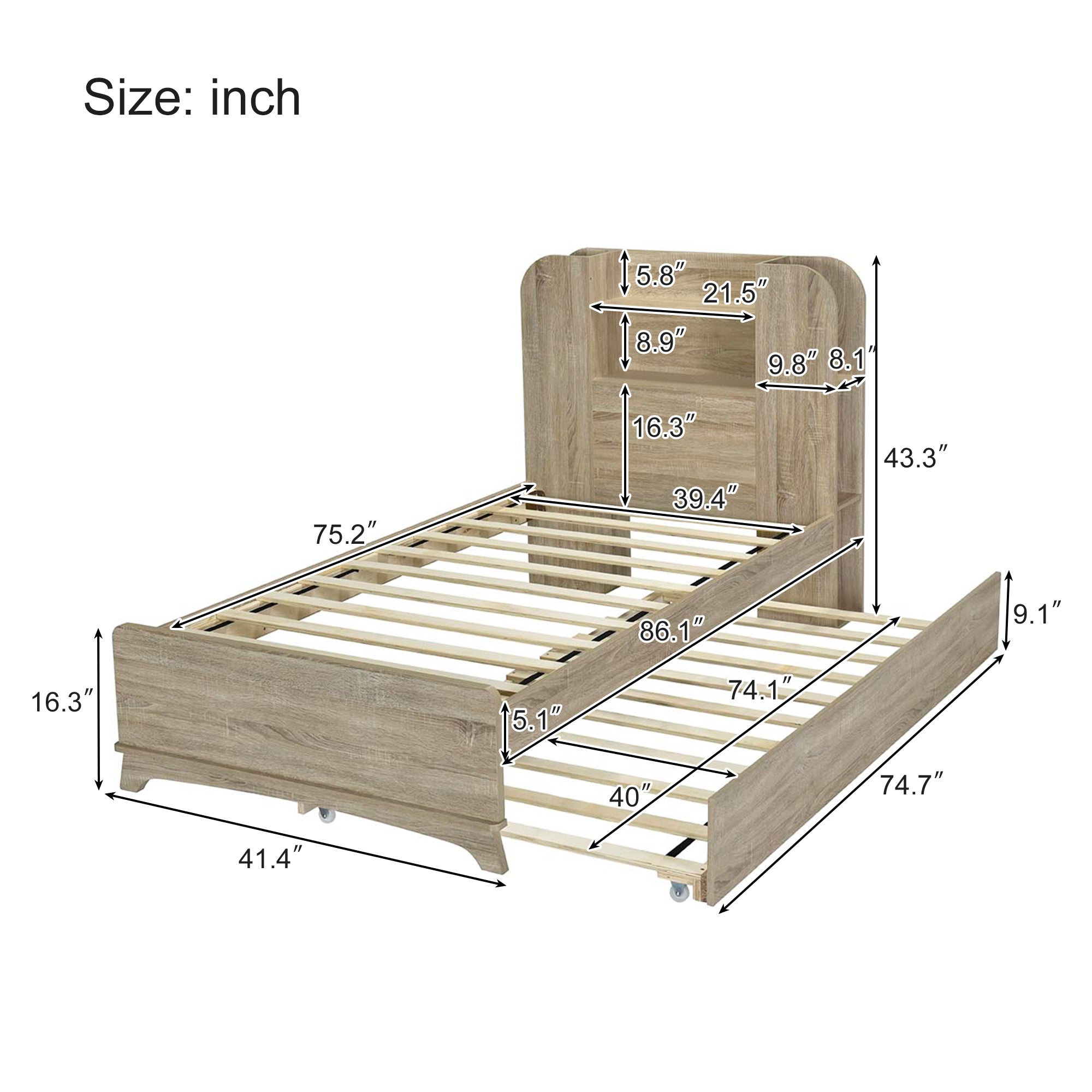 Royard Oaktree Twin Size Wood Platform Bed with Storage Headboard and LED Light, Multi-functional Bed Frame with Shelves, Rustic Storage Captain's Bed with Slat Support