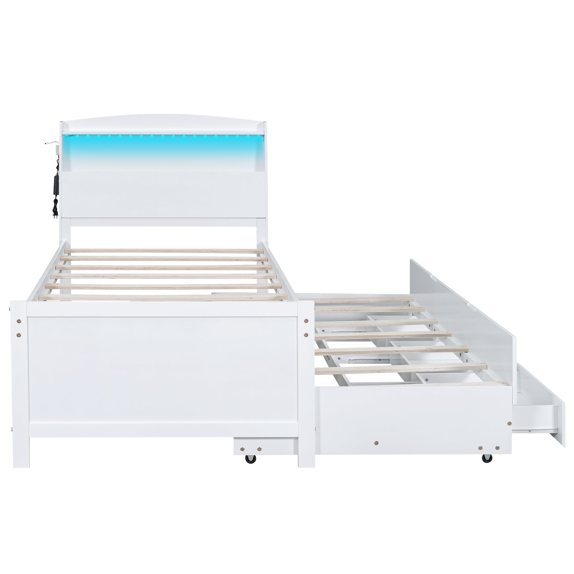 Royard Oaktree Platform Bed with Storage Headboard and LED Light, Multi-functional Bed Frame with Twin Size Trundle and 3 Drawers, Wood Storage Bed with Slat Support, White