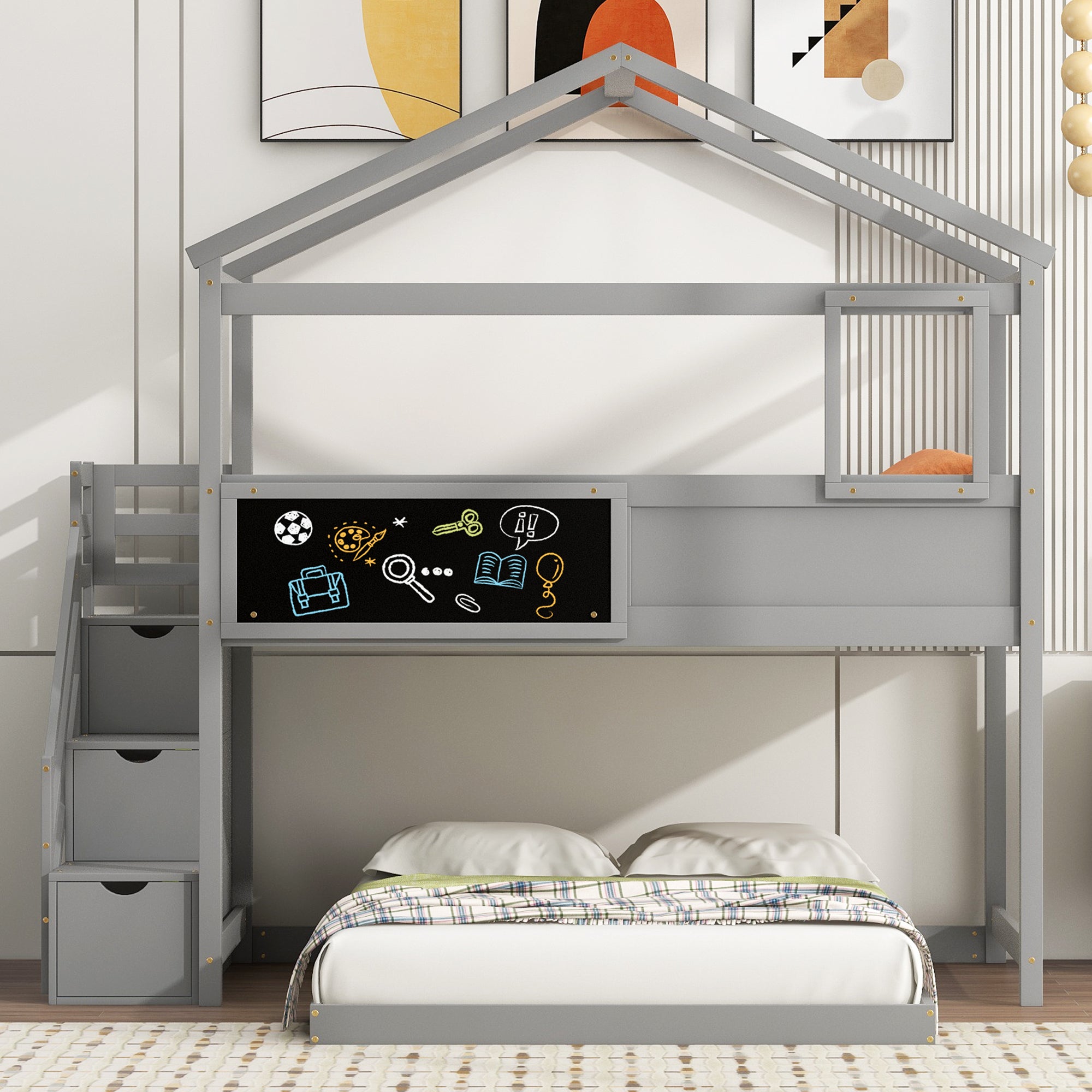 Royard Oaktree Twin over Full Bunk Bed with Storage Staircase and Blackboard, Wood House Bunk Bed Frame with Roof and Window, Modern Bunk Bed with Guardrails for Kids Teens