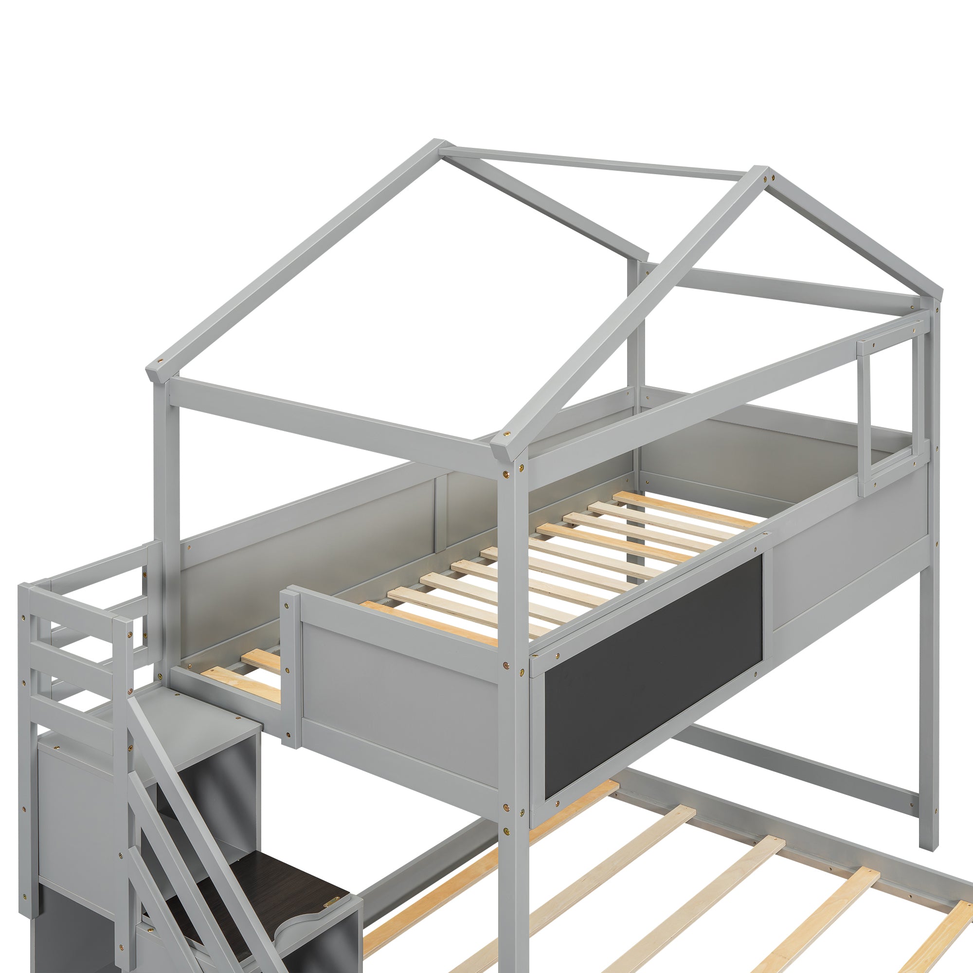 Royard Oaktree Twin over Full Bunk Bed with Storage Staircase and Blackboard, Wood House Bunk Bed Frame with Roof and Window, Modern Bunk Bed with Guardrails for Kids Teens