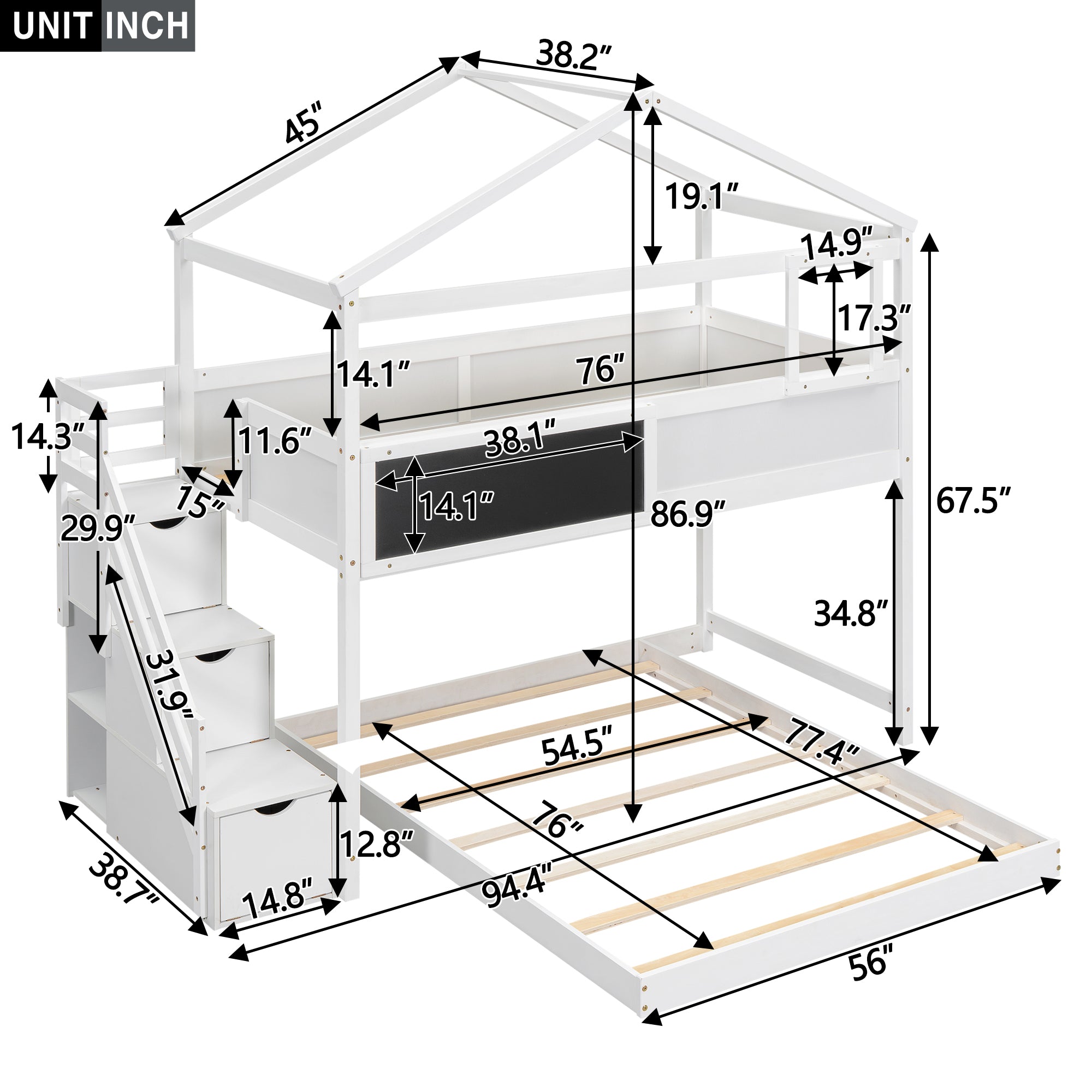 Royard Oaktree Twin over Full Bunk Bed with Storage Staircase and Blackboard, Wood House Bunk Bed Frame with Roof and Window, Modern Bunk Bed with Guardrails for Kids Teens