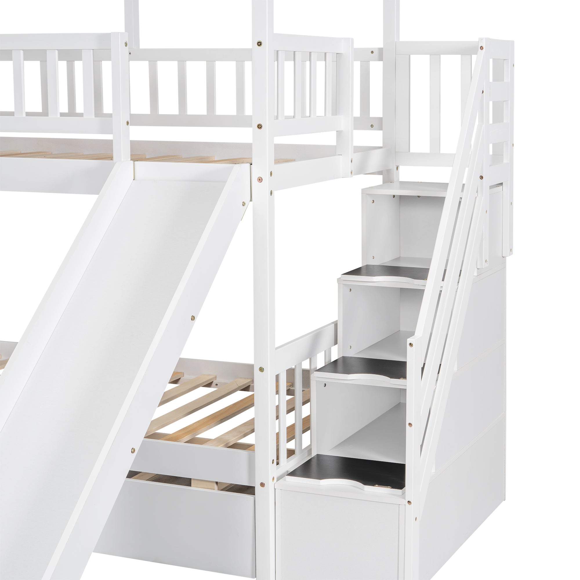 Royard Oaktree Twin over Twin Bunk Bed with Trundle and Storage Staircase, Wood House Bunk Bed Frame with Roof and Window, Modern Bunk Bed with Slide, Safety Beds with Guardrails