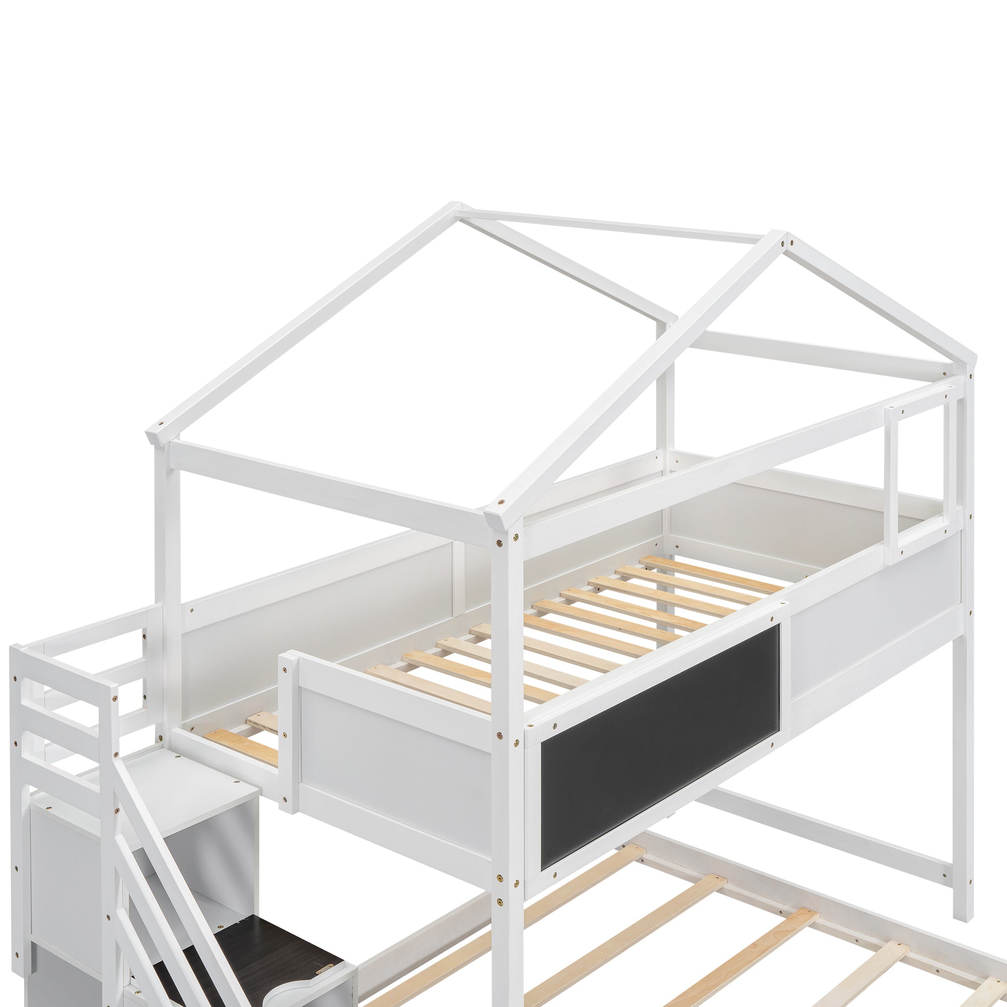 Royard Oaktree Twin over Full Bunk Bed with Storage Staircase and Blackboard, Wood House Bunk Bed Frame with Roof and Window, Modern Bunk Bed with Guardrails for Kids Teens