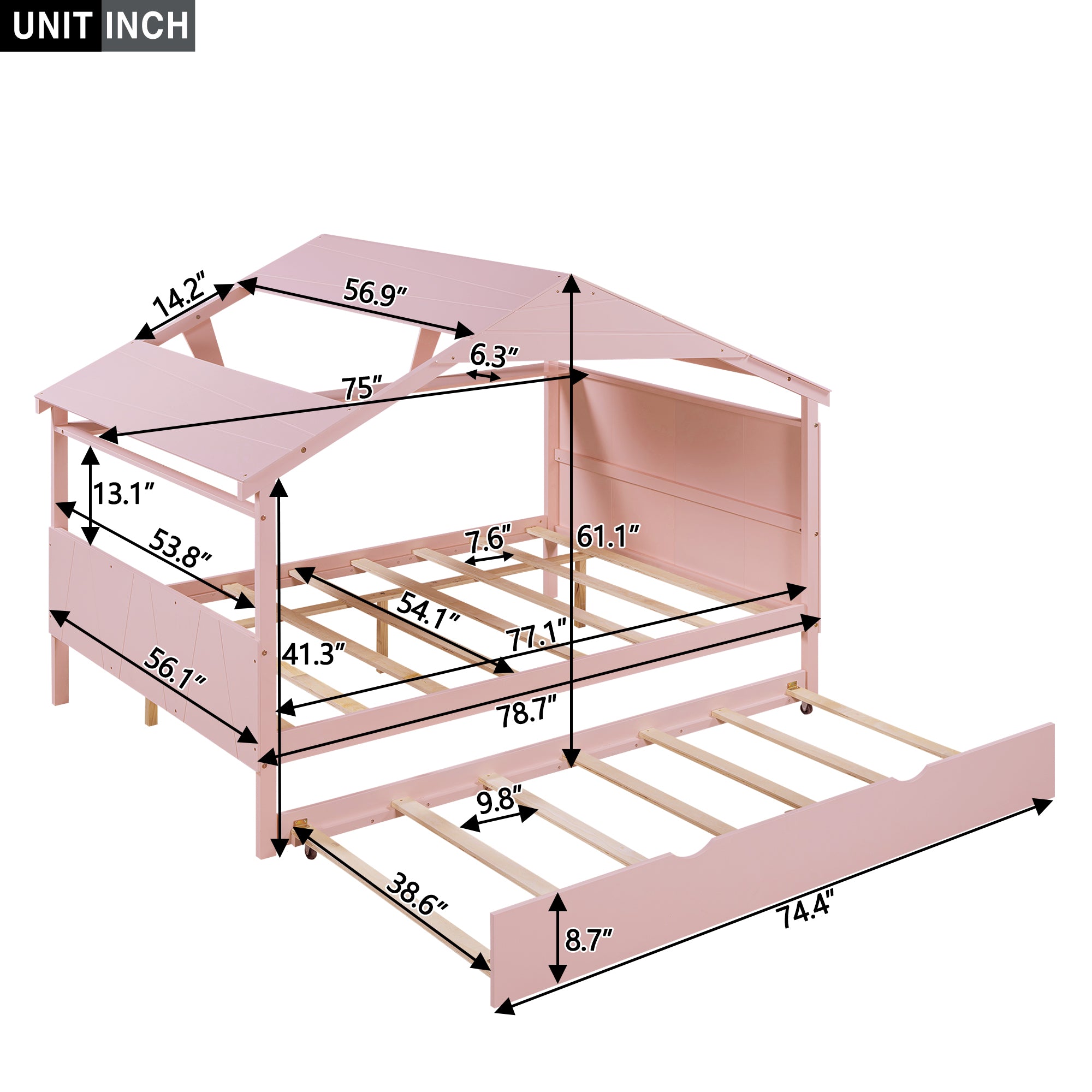 Royard Oaktree House Platform Bed with Twin Size Trundle and Storage Shelf, Funny House Bed with Roof and Window, Wood Platform Bed Frame with Headboard and Footboard for Kids Teens