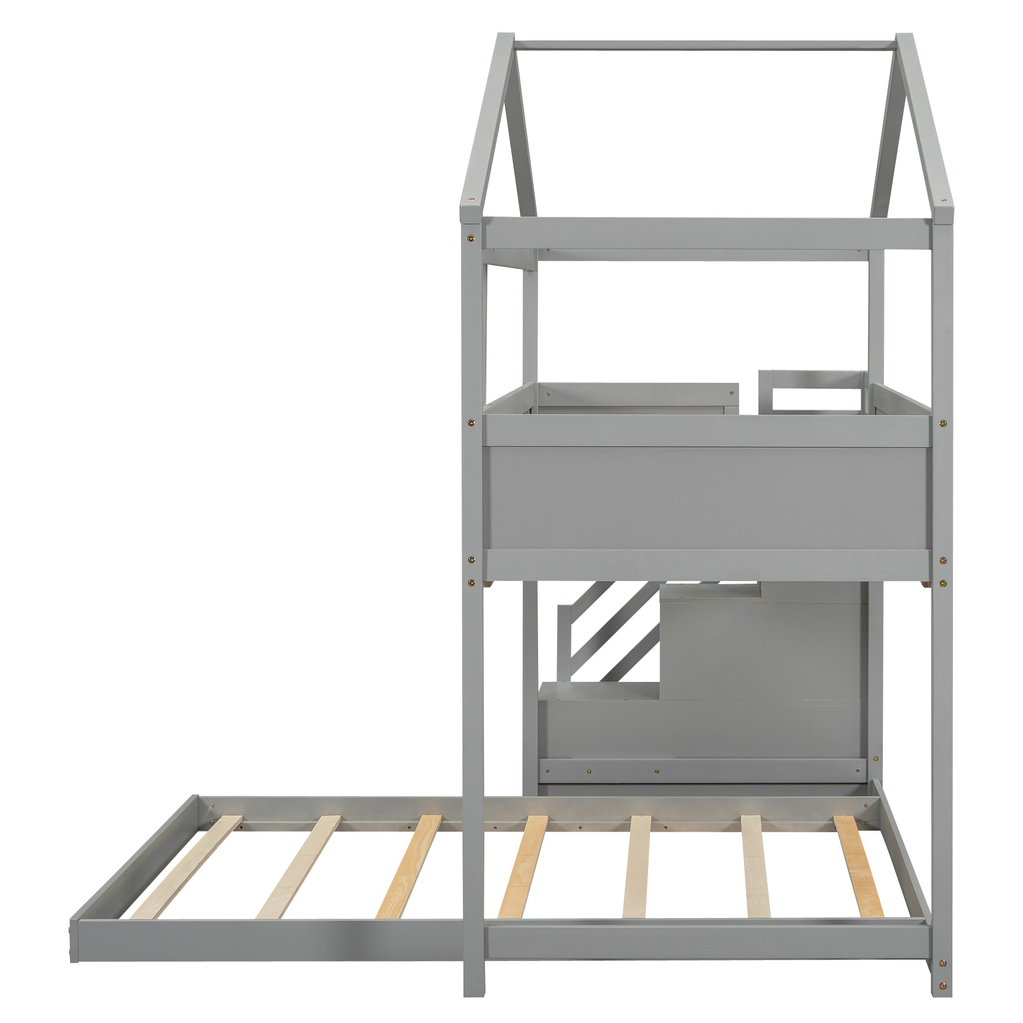 Royard Oaktree Twin over Full Bunk Bed with Storage Staircase and Blackboard, Wood House Bunk Bed Frame with Roof and Window, Modern Bunk Bed with Guardrails for Kids Teens