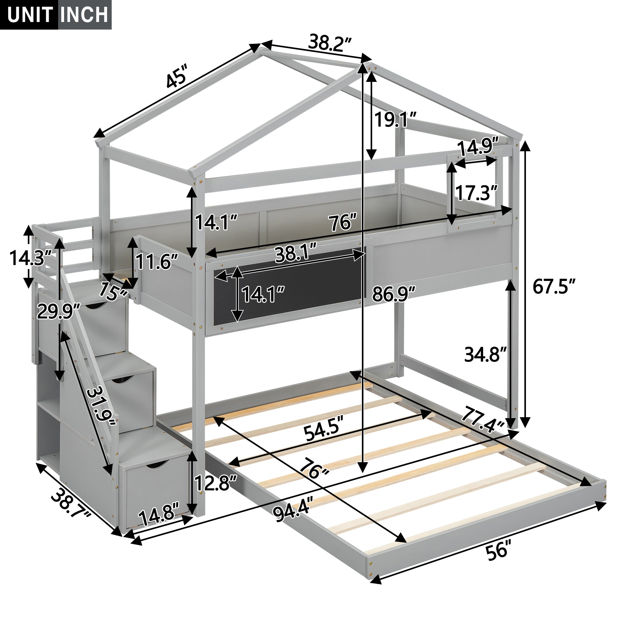 Royard Oaktree Twin over Full Bunk Bed with Storage Staircase and Blackboard, Wood House Bunk Bed Frame with Roof and Window, Modern Bunk Bed with Guardrails for Kids Teens