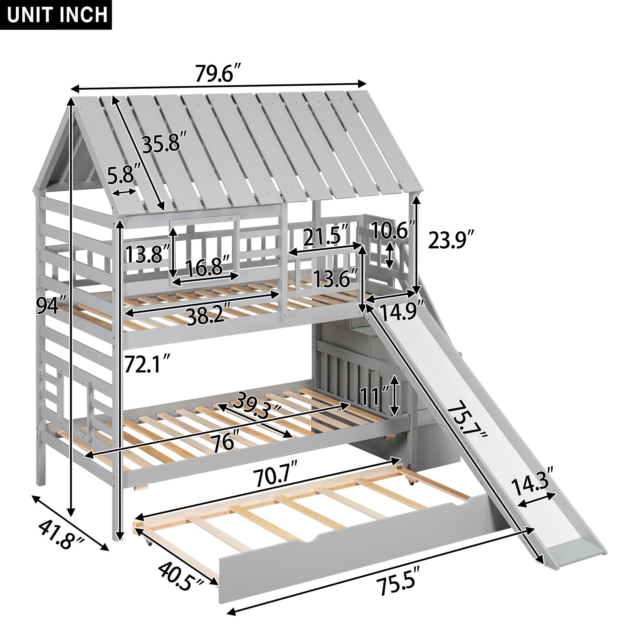 Royard Oaktree Twin over Twin Bunk Bed with Trundle and Storage Staircase, Wood House Bunk Bed Frame with Roof and Window, Modern Bunk Bed with Slide, Safety Beds with Guardrails