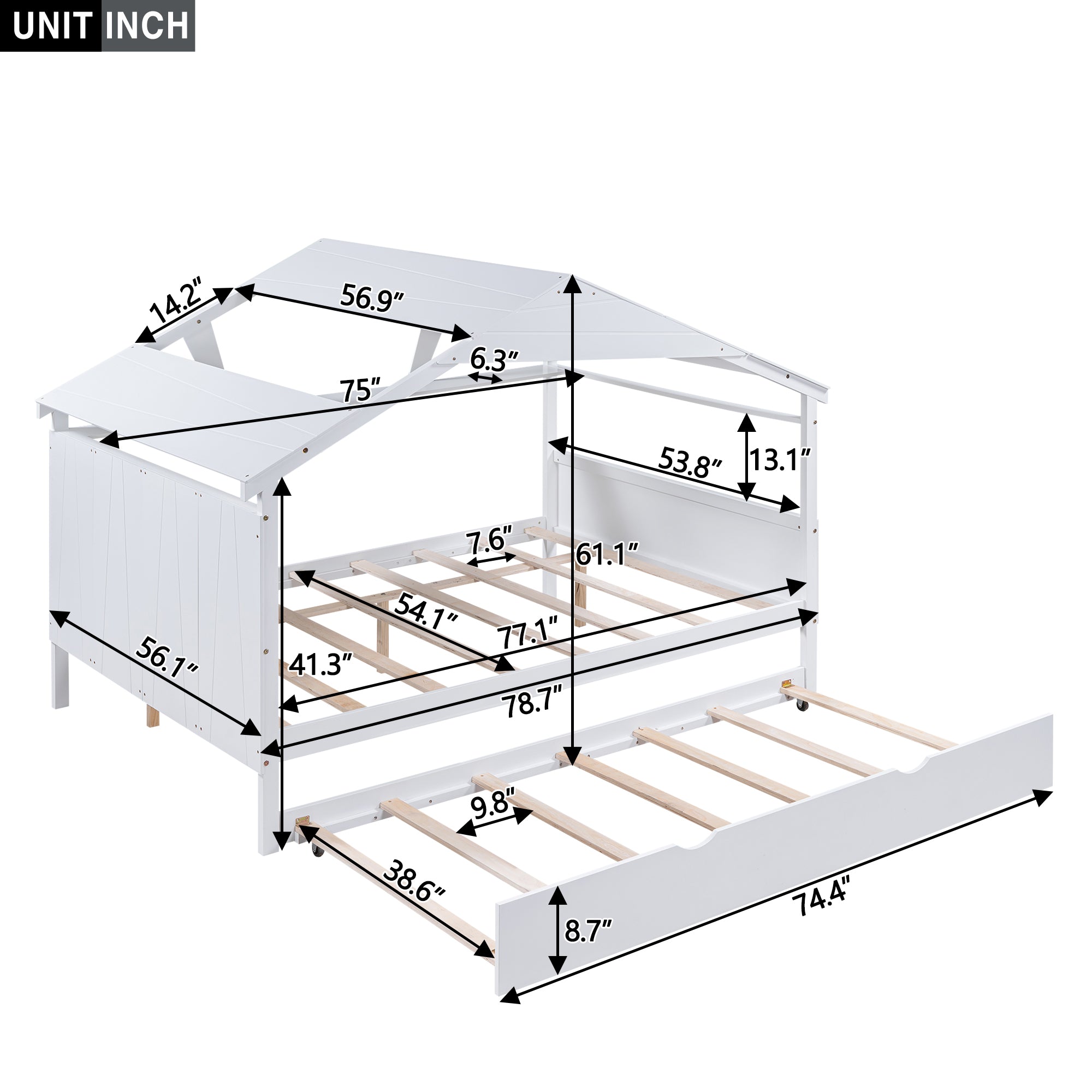 Royard Oaktree House Platform Bed with Twin Size Trundle and Storage Shelf, Funny House Bed with Roof and Window, Wood Platform Bed Frame with Headboard and Footboard for Kids Teens