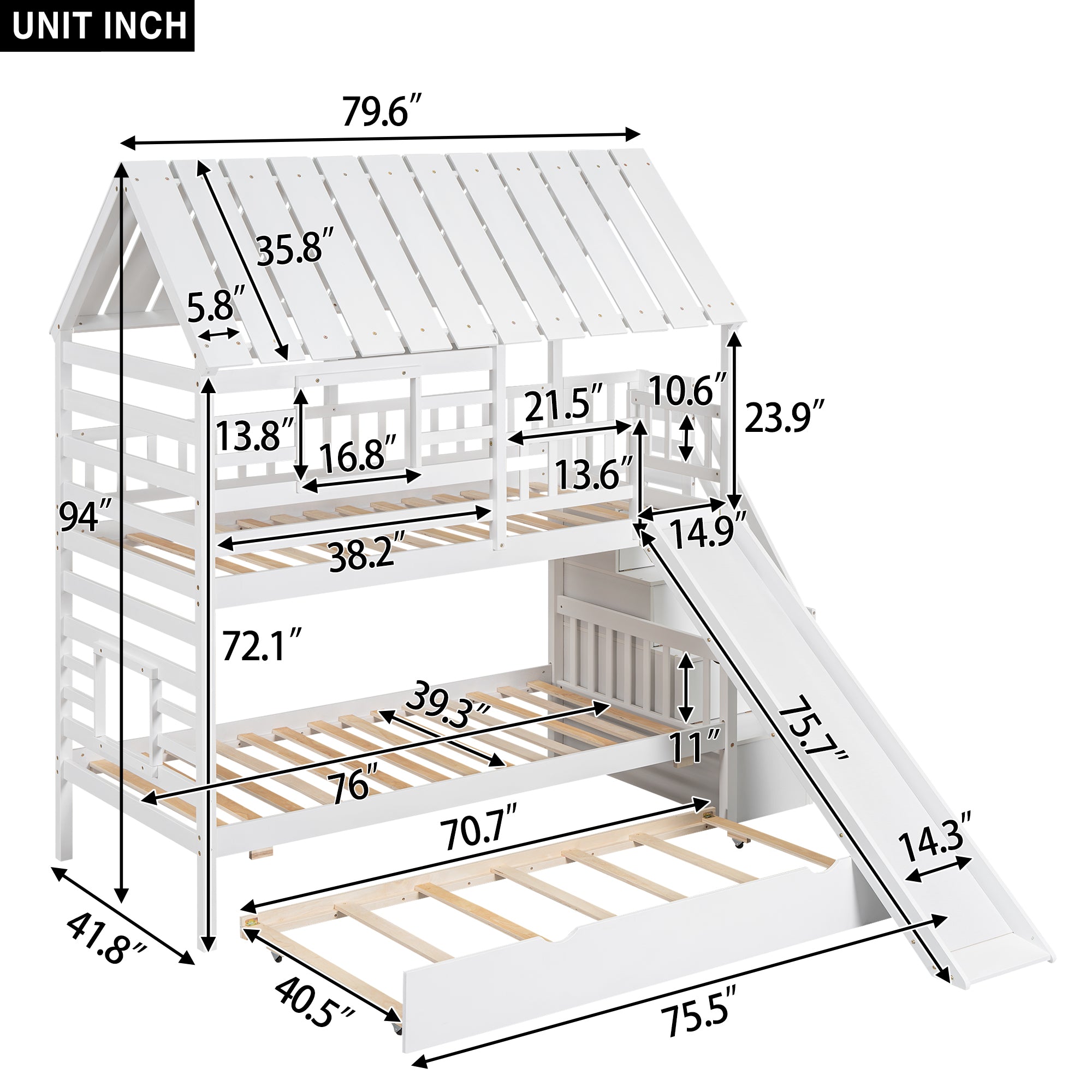 Royard Oaktree Twin over Twin Bunk Bed with Trundle and Storage Staircase, Wood House Bunk Bed Frame with Roof and Window, Modern Bunk Bed with Slide, Safety Beds with Guardrails