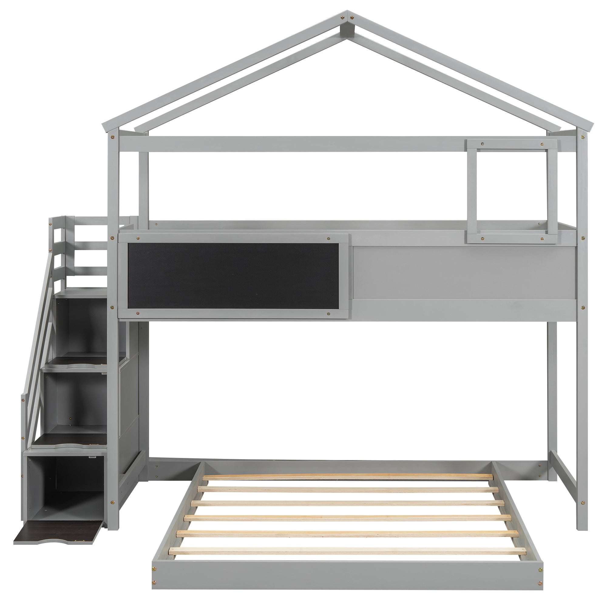 Royard Oaktree Twin over Full Bunk Bed with Storage Staircase and Blackboard, Wood House Bunk Bed Frame with Roof and Window, Modern Bunk Bed with Guardrails for Kids Teens