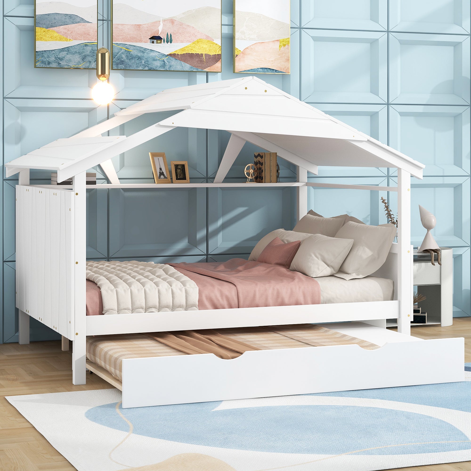 Royard Oaktree House Platform Bed with Twin Size Trundle and Storage Shelf, Funny House Bed with Roof and Window, Wood Platform Bed Frame with Headboard and Footboard for Kids Teens