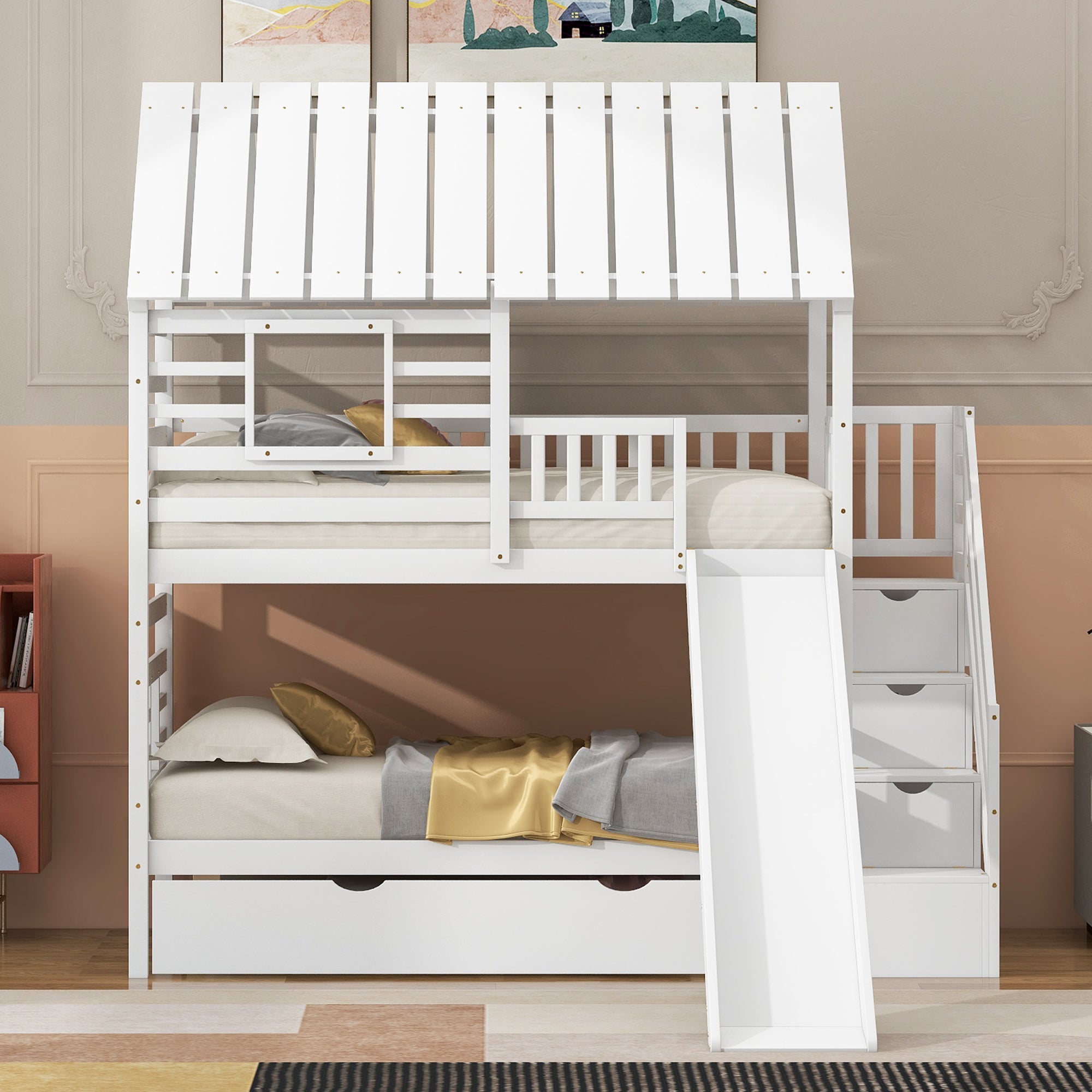 Royard Oaktree Twin over Twin Bunk Bed with Trundle and Storage Staircase, Wood House Bunk Bed Frame with Roof and Window, Modern Bunk Bed with Slide, Safety Beds with Guardrails