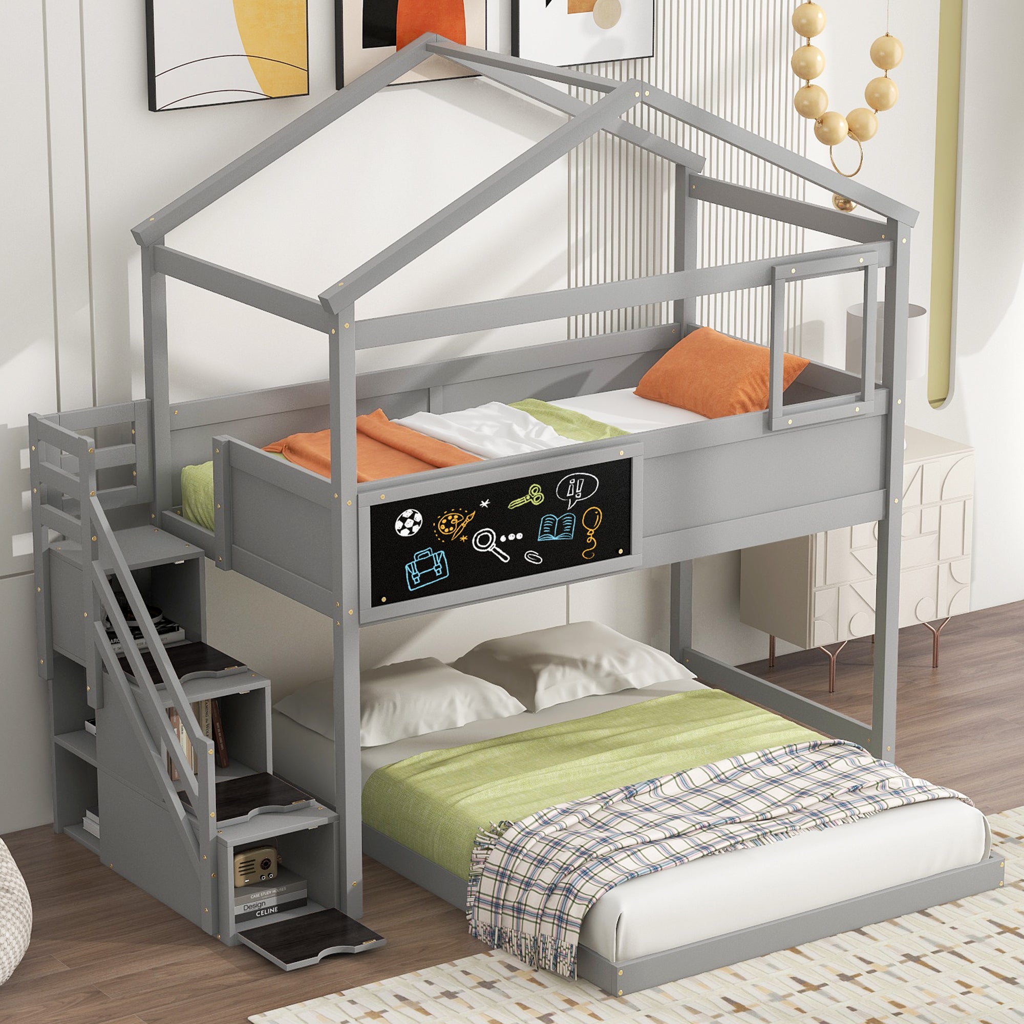 Royard Oaktree Twin over Full Bunk Bed with Storage Staircase and Blackboard, Wood House Bunk Bed Frame with Roof and Window, Modern Bunk Bed with Guardrails for Kids Teens