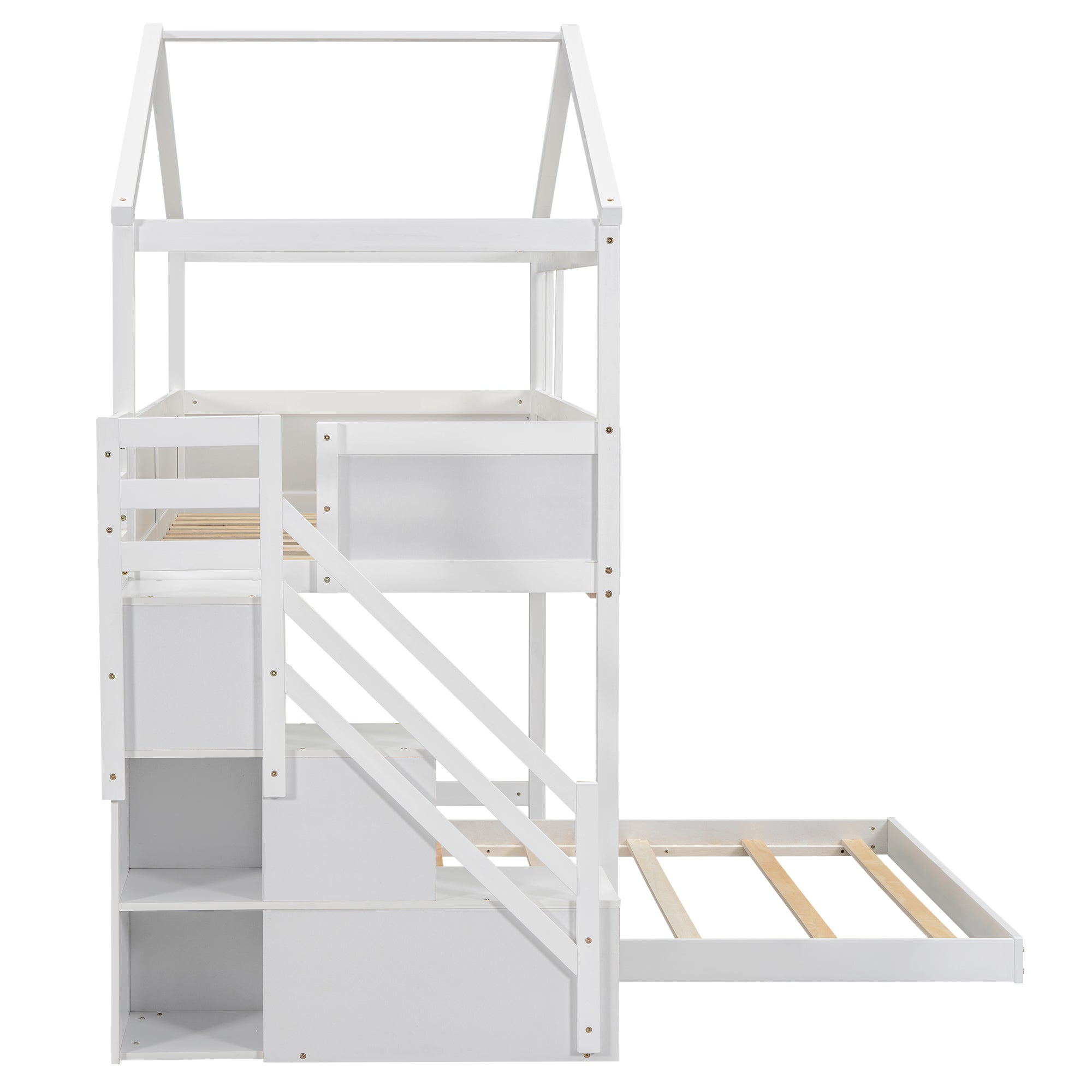 Royard Oaktree Twin over Full Bunk Bed with Storage Staircase and Blackboard, Wood House Bunk Bed Frame with Roof and Window, Modern Bunk Bed with Guardrails for Kids Teens