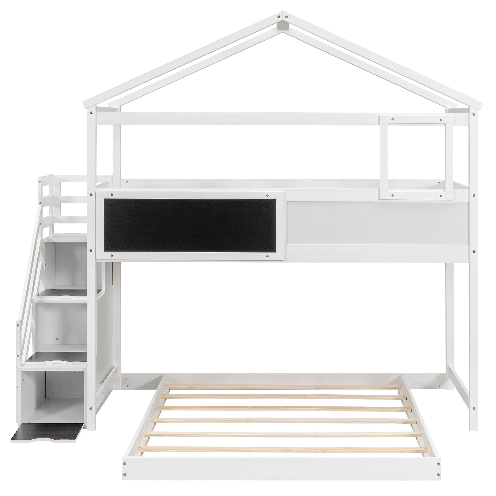 Royard Oaktree Twin over Full Bunk Bed with Storage Staircase and Blackboard, Wood House Bunk Bed Frame with Roof and Window, Modern Bunk Bed with Guardrails for Kids Teens