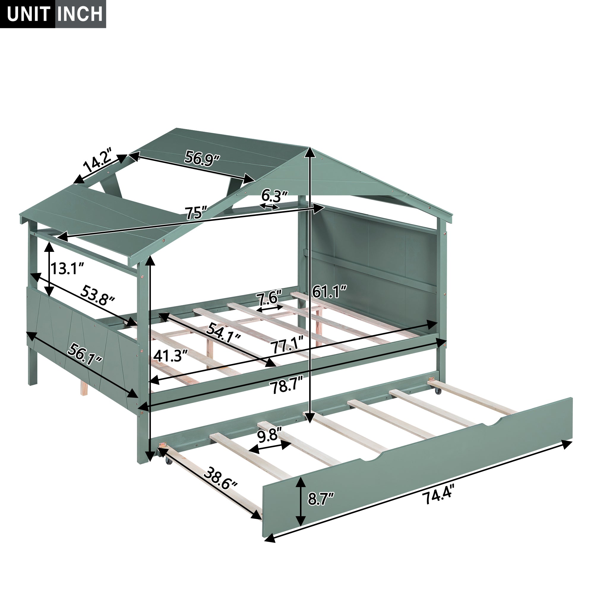 Royard Oaktree House Platform Bed with Twin Size Trundle and Storage Shelf, Funny House Bed with Roof and Window, Wood Platform Bed Frame with Headboard and Footboard for Kids Teens