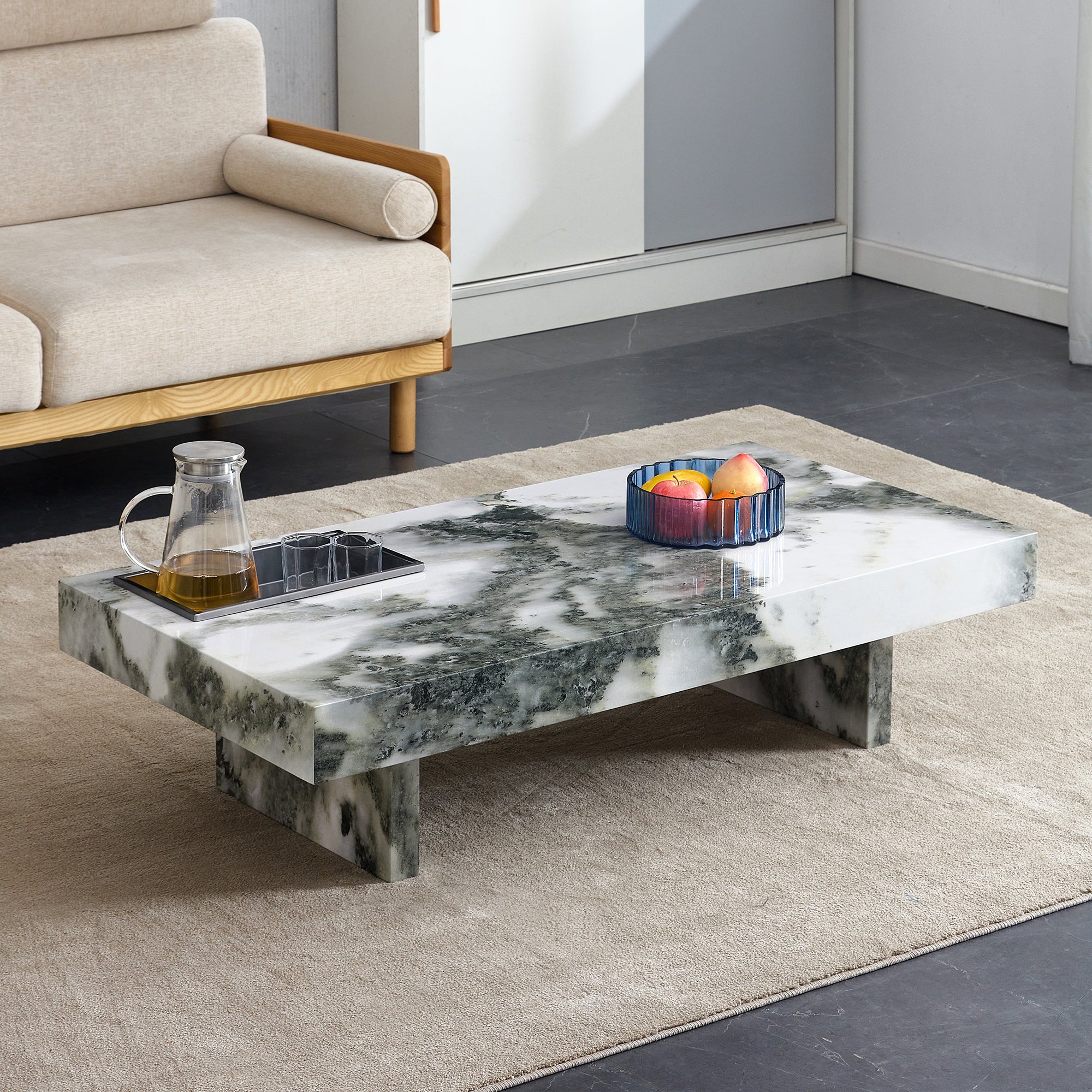 Royard Oaktree Faux Marble Coffee Table, Rectangle Center Table with Metal Storage Tray, Wood Accent Table with Marble Pattern Sticker, Modern Cocktail Table for Living Room Home Office