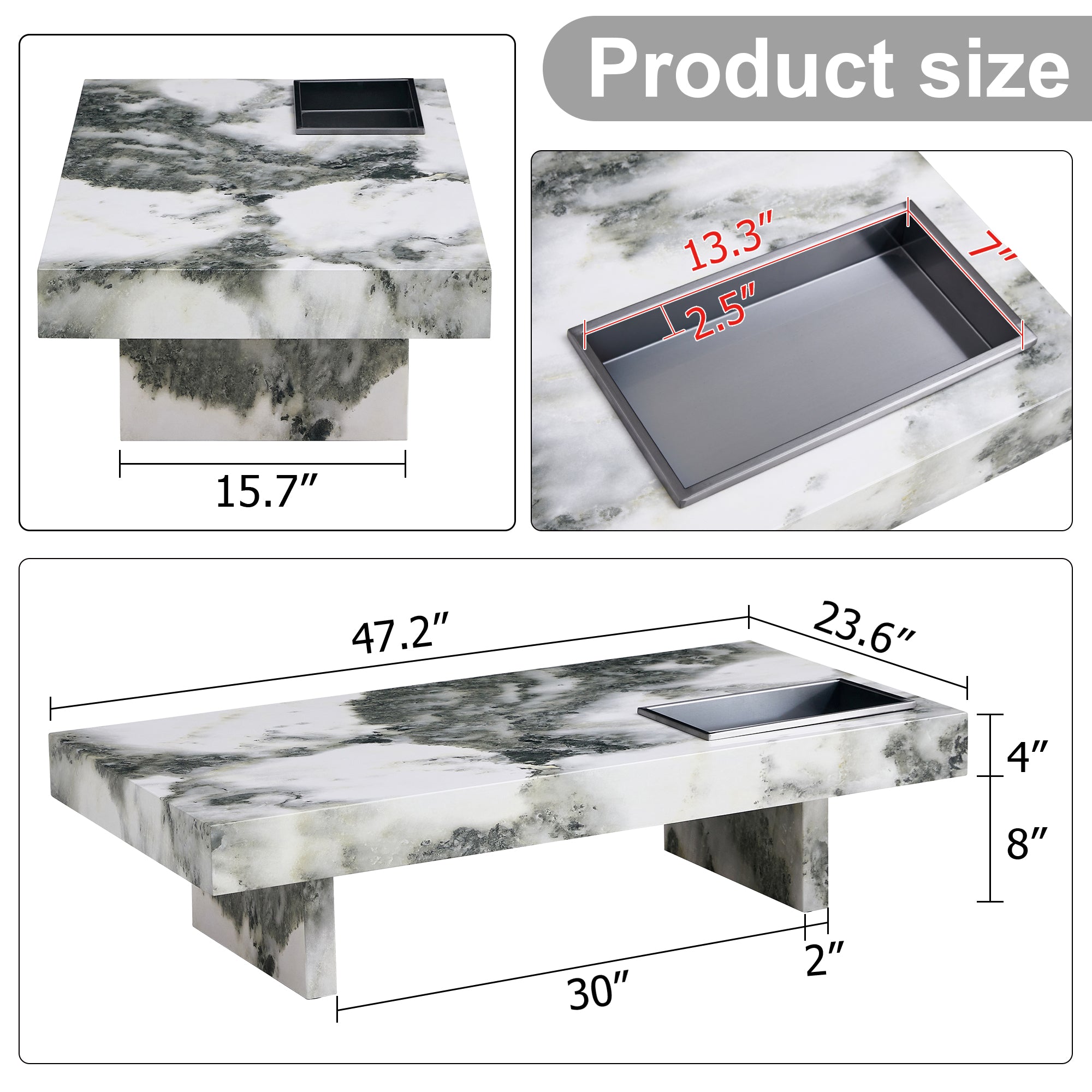 Royard Oaktree Faux Marble Coffee Table, Rectangle Center Table with Metal Storage Tray, Wood Accent Table with Marble Pattern Sticker, Modern Cocktail Table for Living Room Home Office