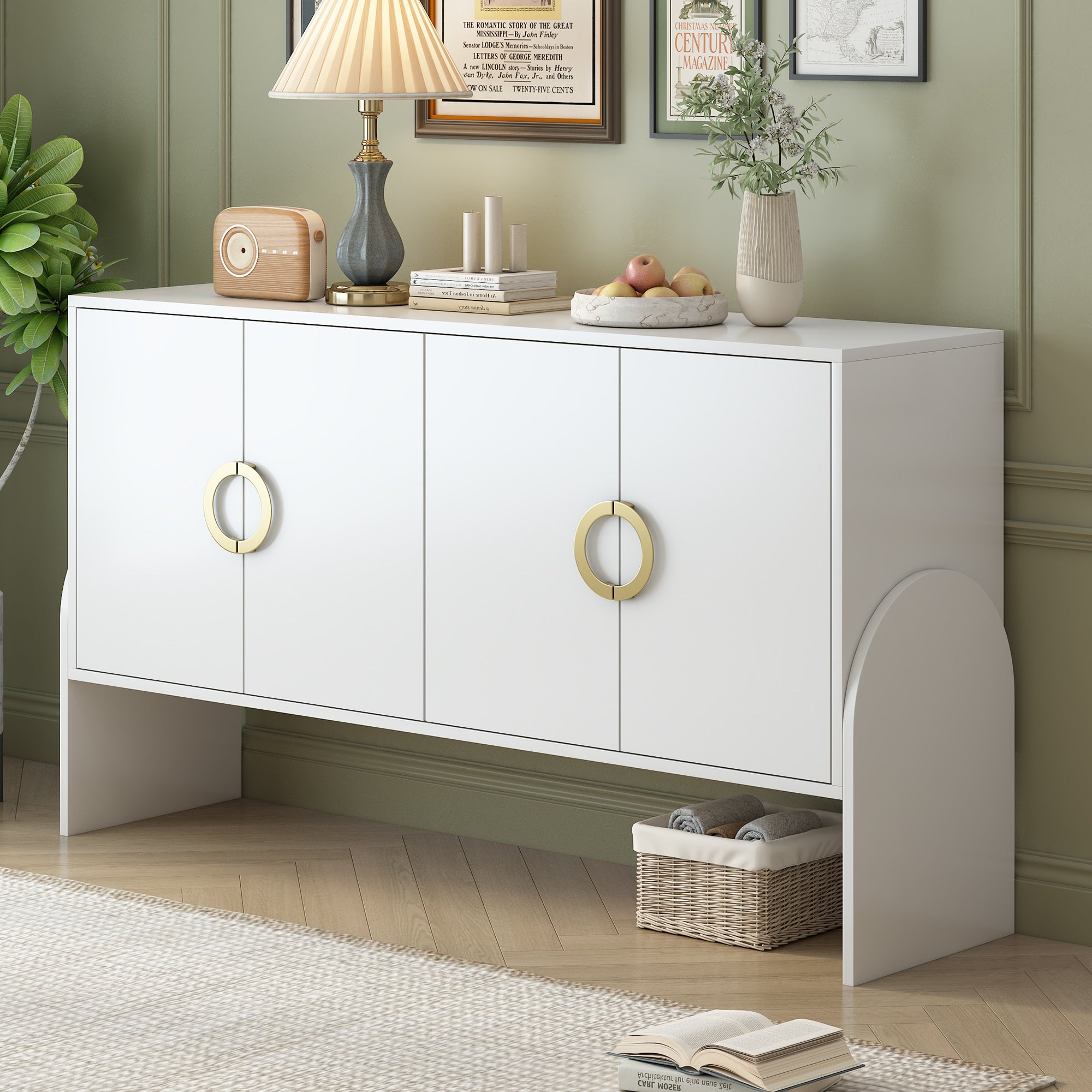 Royard Oaktree Buffet Sideboard with 4 Doors and Gold Metal Handles, Wood Accent Storage Cabinet Console Table for Living Room Entryway Kitchen