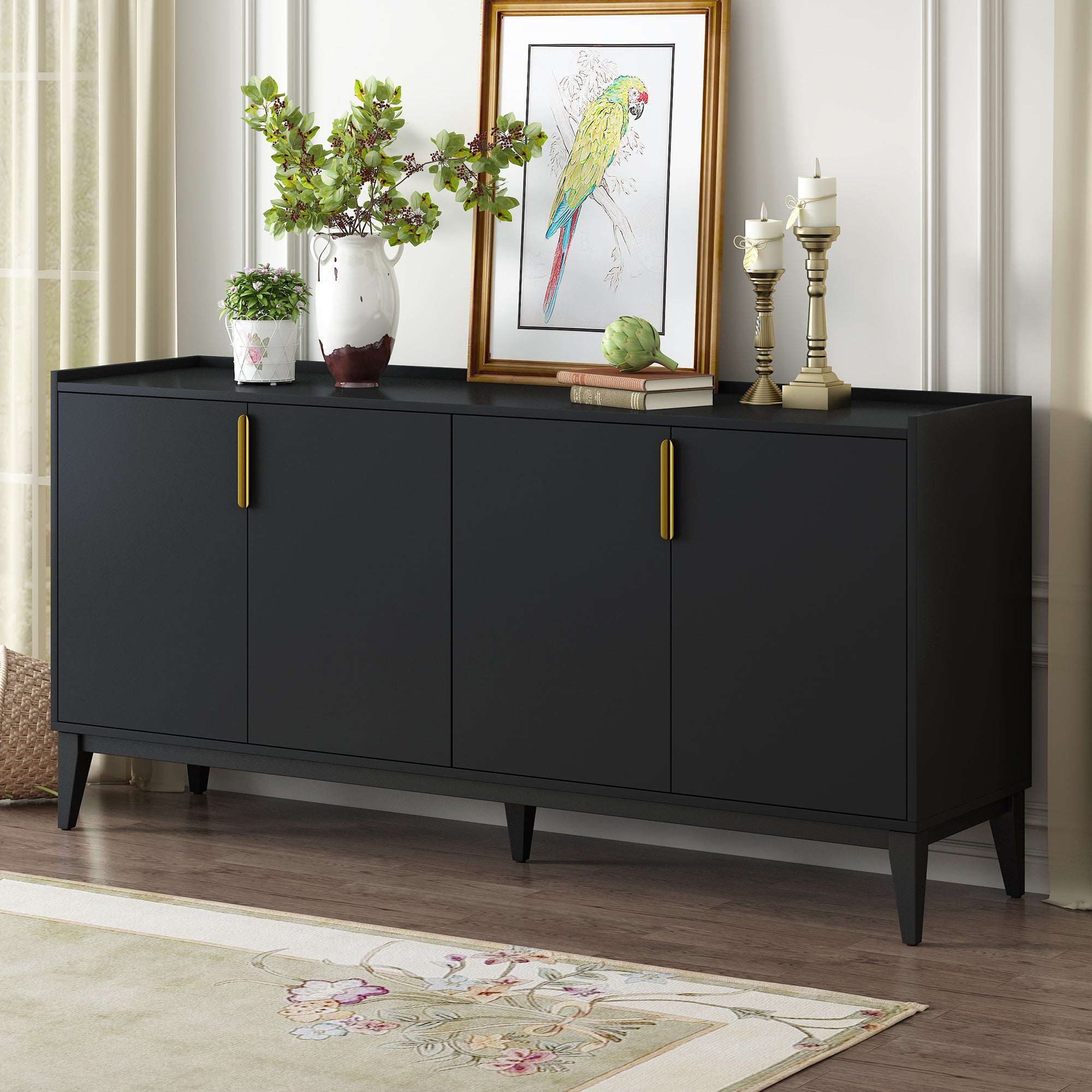 Royard Oaktree Sideboard Buffet Cabinet, 63" Entryway Serving Storage Cabinet with 4 Doors & Adjustable Shelves, Accent Liquor Cabinet Buffet Console Table for Dining Room Hallway