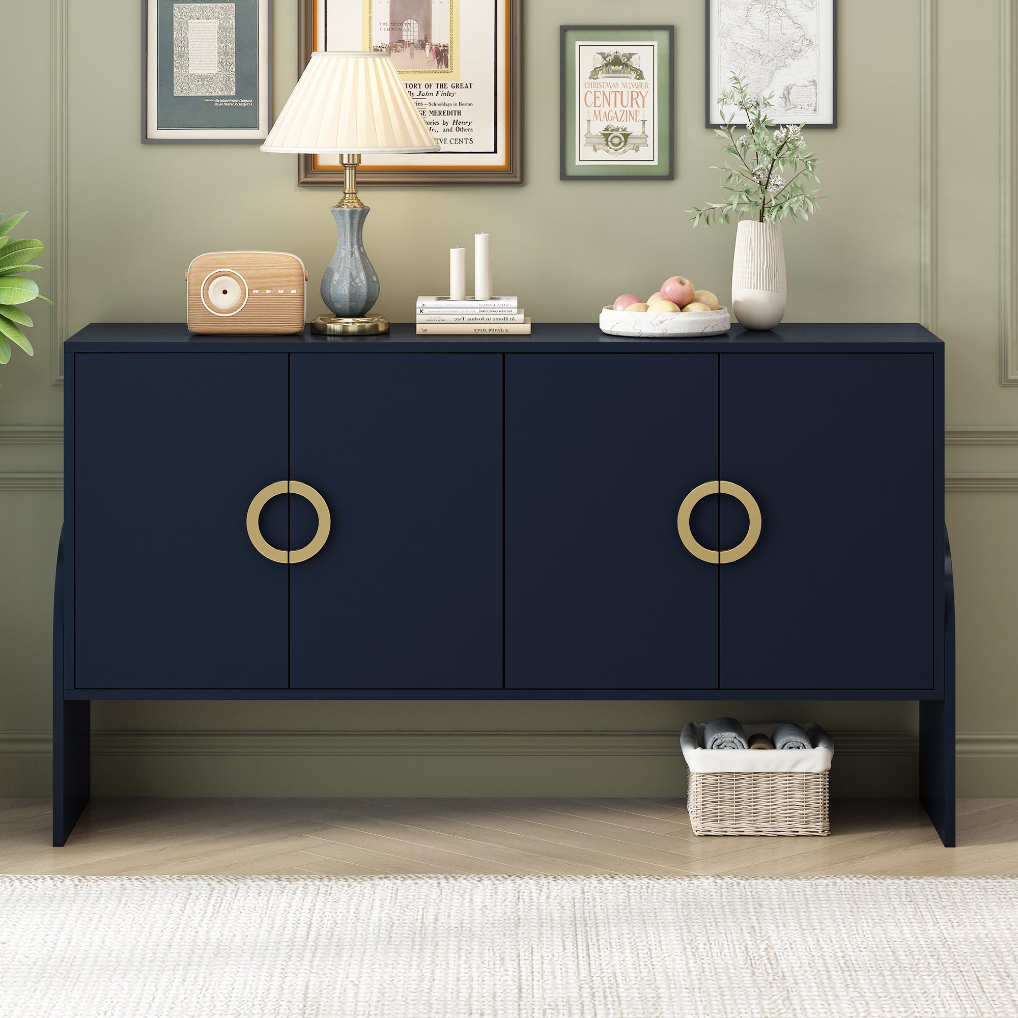 Royard Oaktree Buffet Sideboard with 4 Doors and Gold Metal Handles, Wood Accent Storage Cabinet Console Table for Living Room Entryway Kitchen