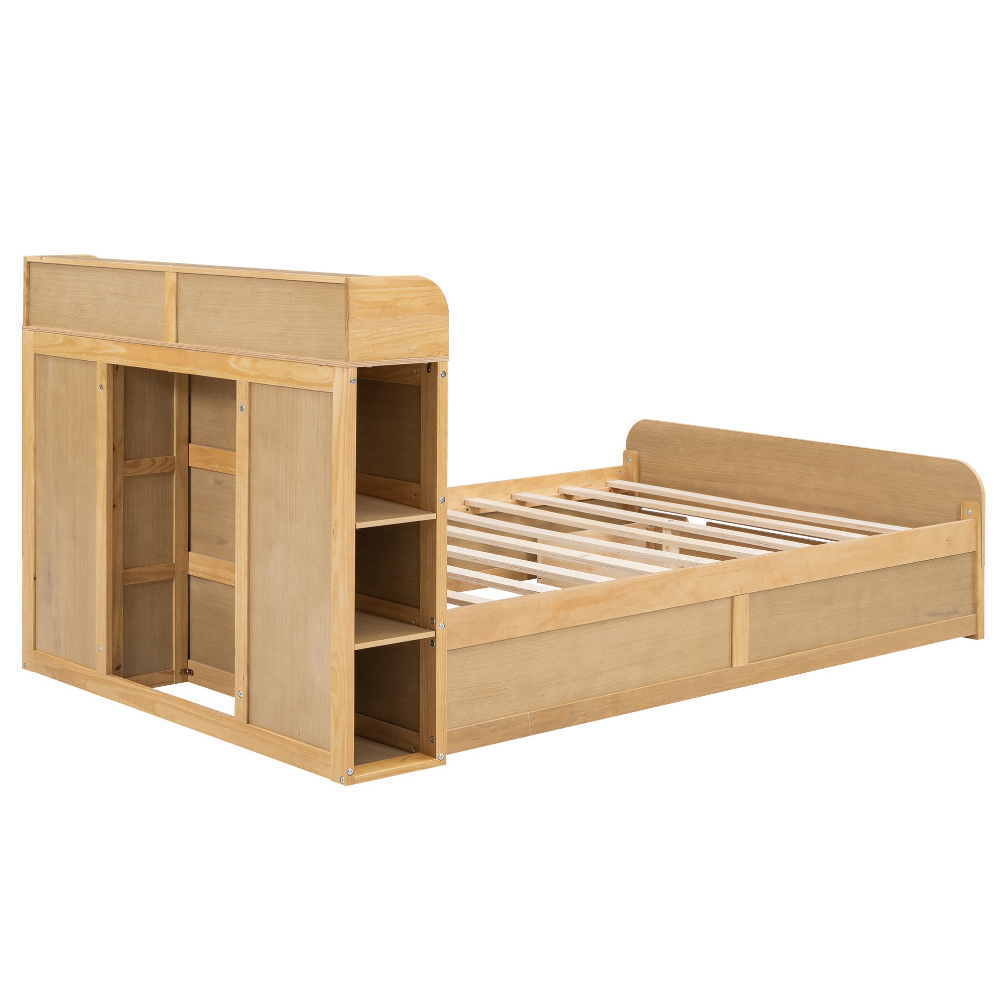 Royard Oaktree Full Size Wood Platform Bed with Storage Headboard, Multi-functional Bed Frame with 1 Big Drawer and Open Shelves, Rustic Storage Captain's Bed with Slat Support