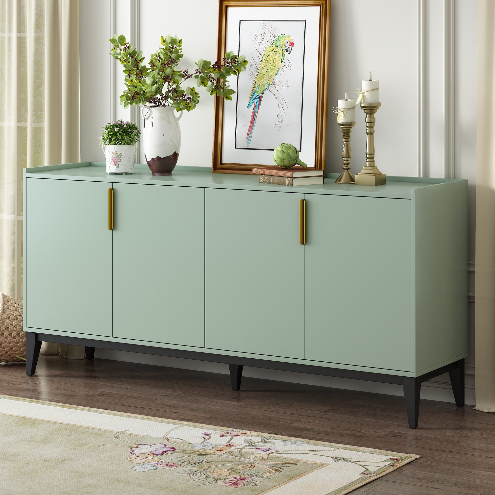 Royard Oaktree Sideboard Buffet Cabinet, 63" Entryway Serving Storage Cabinet with 4 Doors & Adjustable Shelves, Accent Liquor Cabinet Buffet Console Table for Dining Room Hallway