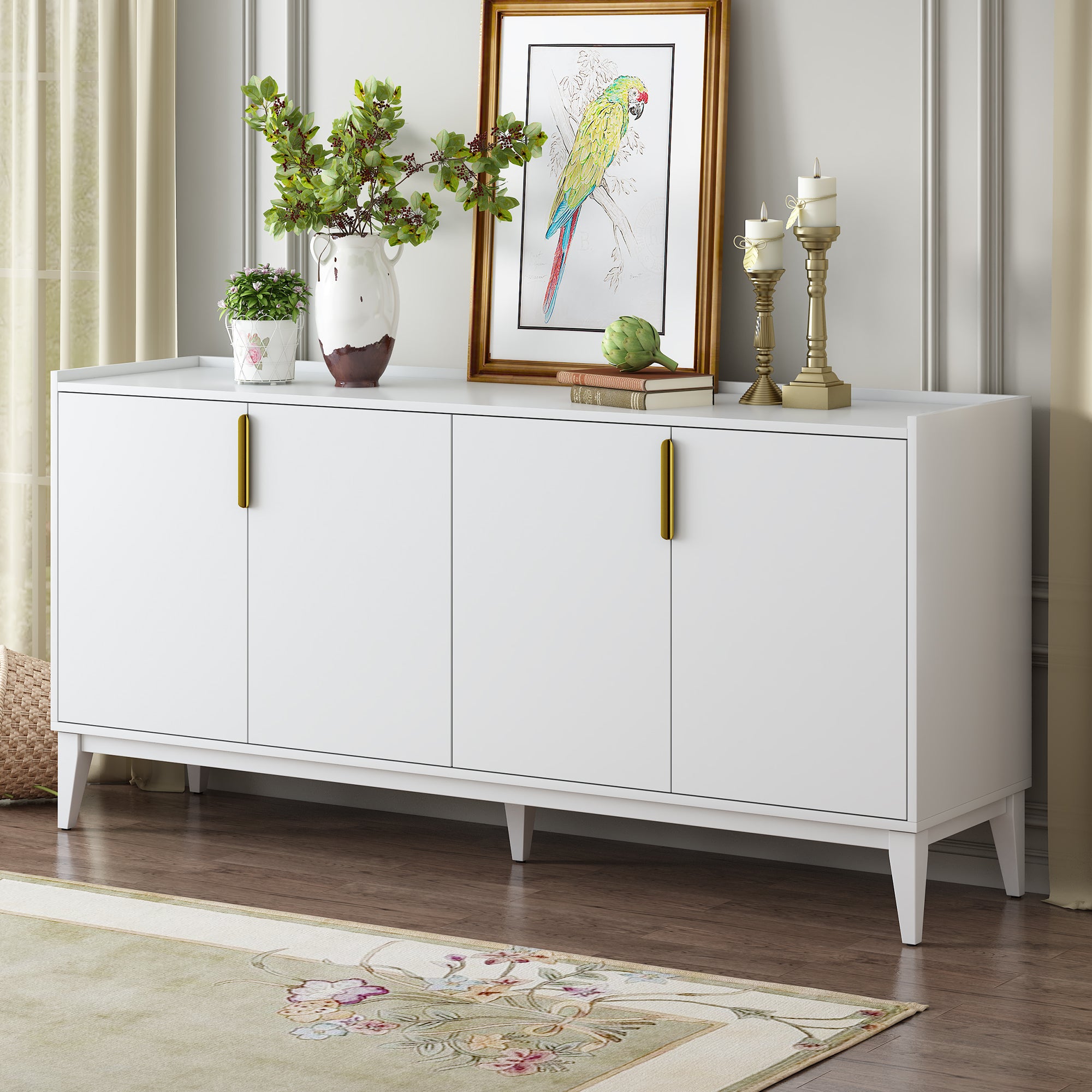 Royard Oaktree Sideboard Buffet Cabinet, 63" Entryway Serving Storage Cabinet with 4 Doors & Adjustable Shelves, Accent Liquor Cabinet Buffet Console Table for Dining Room Hallway