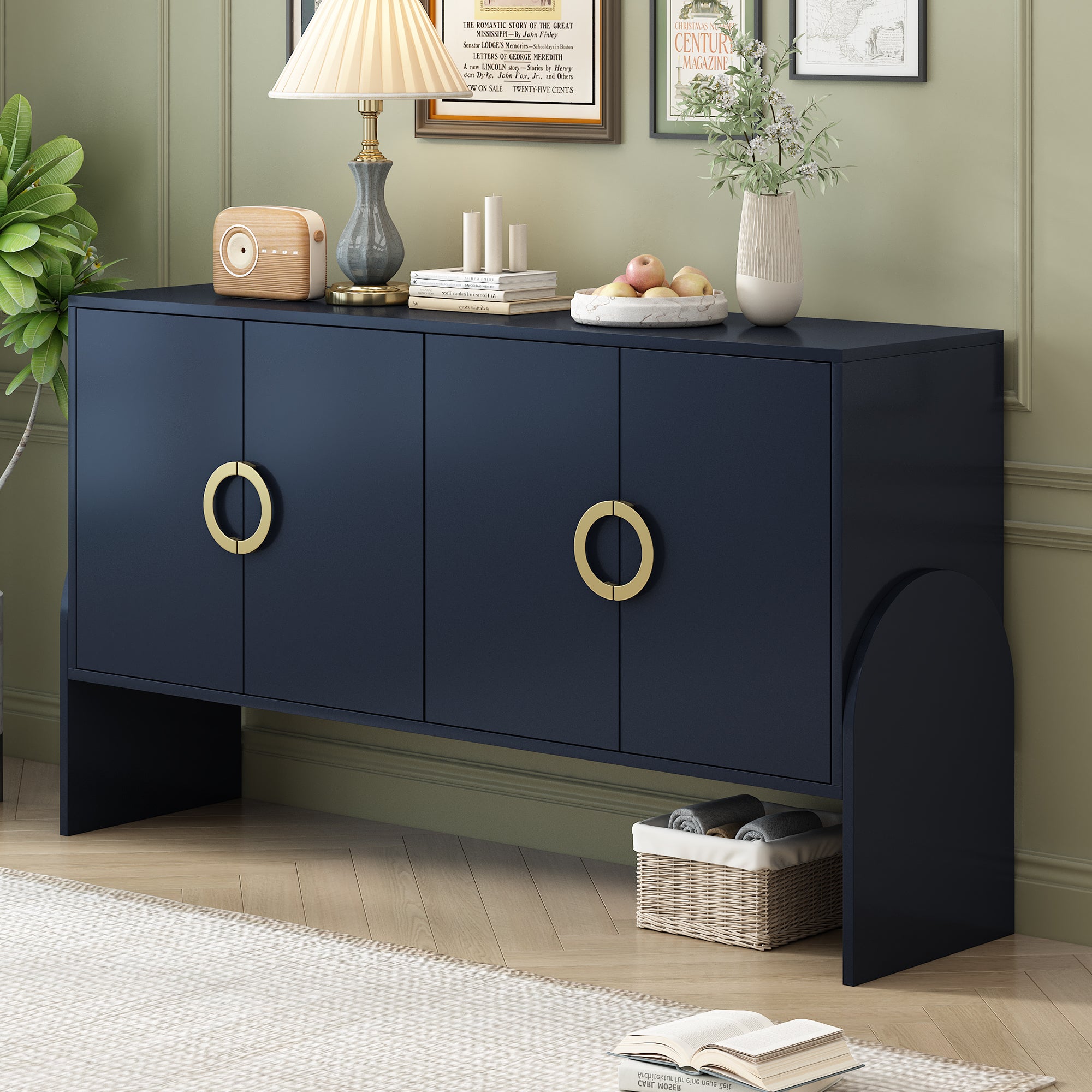 Royard Oaktree Buffet Sideboard with 4 Doors and Gold Metal Handles, Wood Accent Storage Cabinet Console Table for Living Room Entryway Kitchen