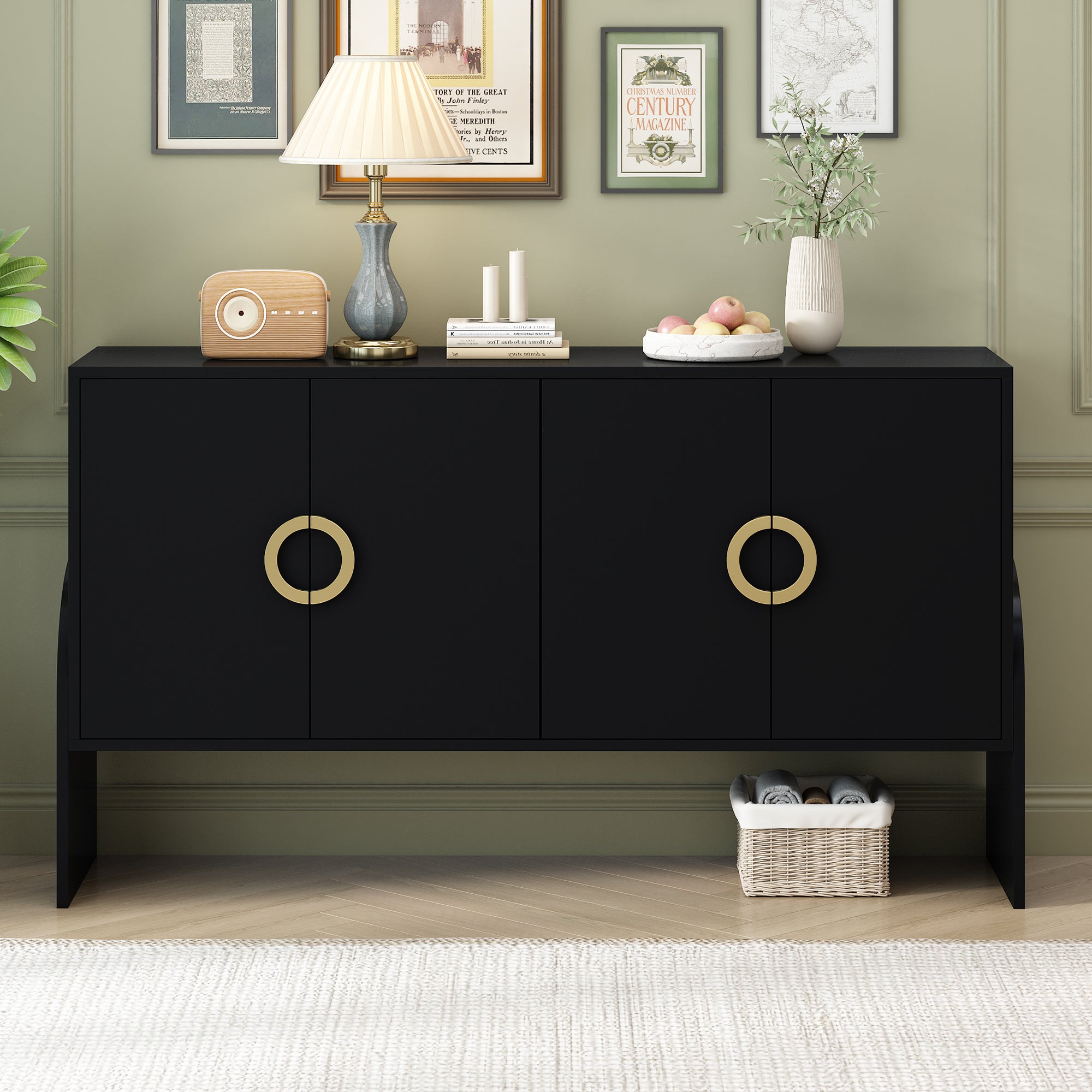 Royard Oaktree Buffet Sideboard with 4 Doors and Gold Metal Handles, Wood Accent Storage Cabinet Console Table for Living Room Entryway Kitchen