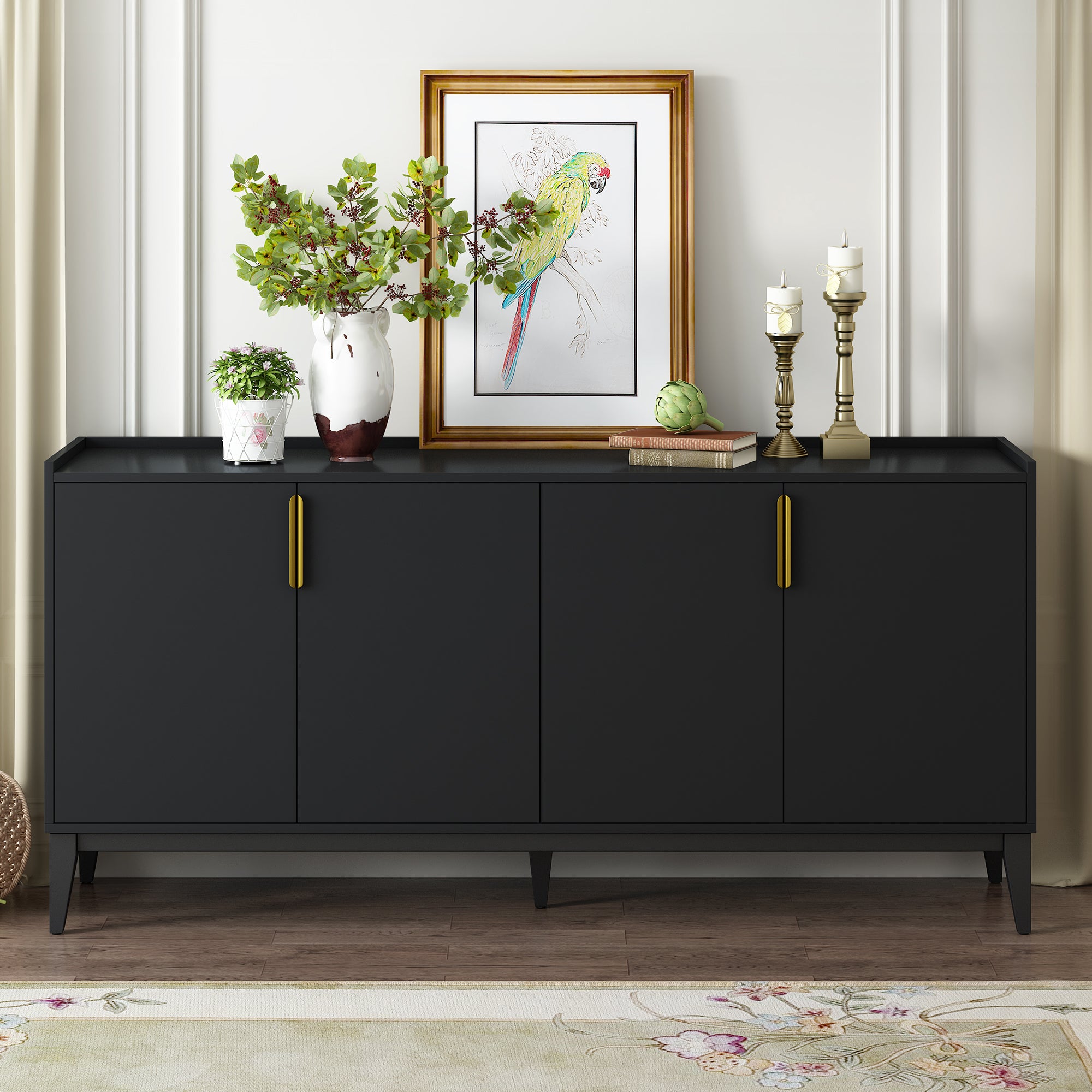 Royard Oaktree Sideboard Buffet Cabinet, 63" Entryway Serving Storage Cabinet with 4 Doors & Adjustable Shelves, Accent Liquor Cabinet Buffet Console Table for Dining Room Hallway