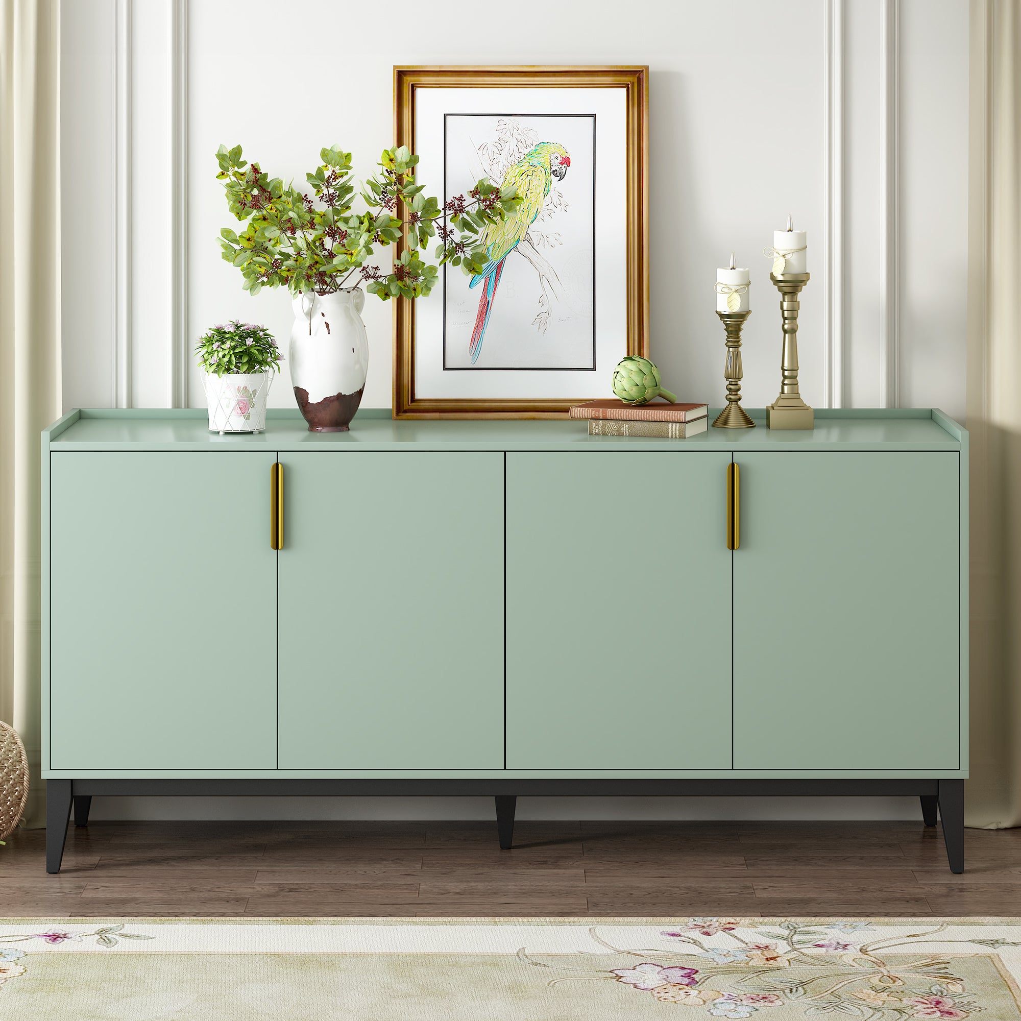 Royard Oaktree Sideboard Buffet Cabinet, 63" Entryway Serving Storage Cabinet with 4 Doors & Adjustable Shelves, Accent Liquor Cabinet Buffet Console Table for Dining Room Hallway