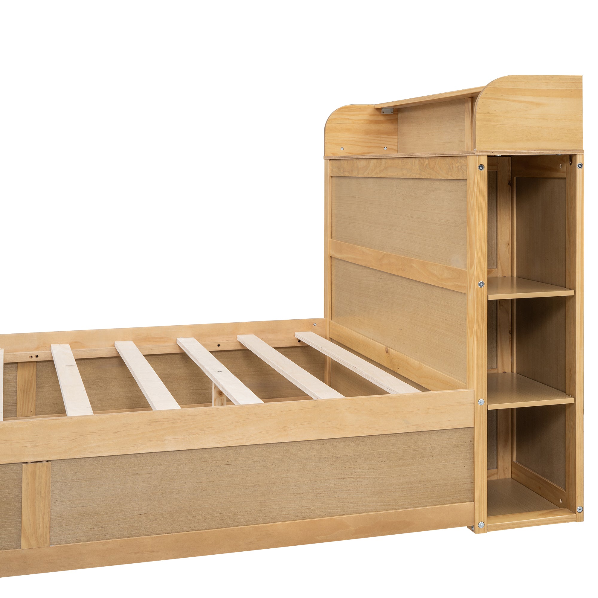 Royard Oaktree Full Size Wood Platform Bed with Storage Headboard, Multi-functional Bed Frame with 1 Big Drawer and Open Shelves, Rustic Storage Captain's Bed with Slat Support