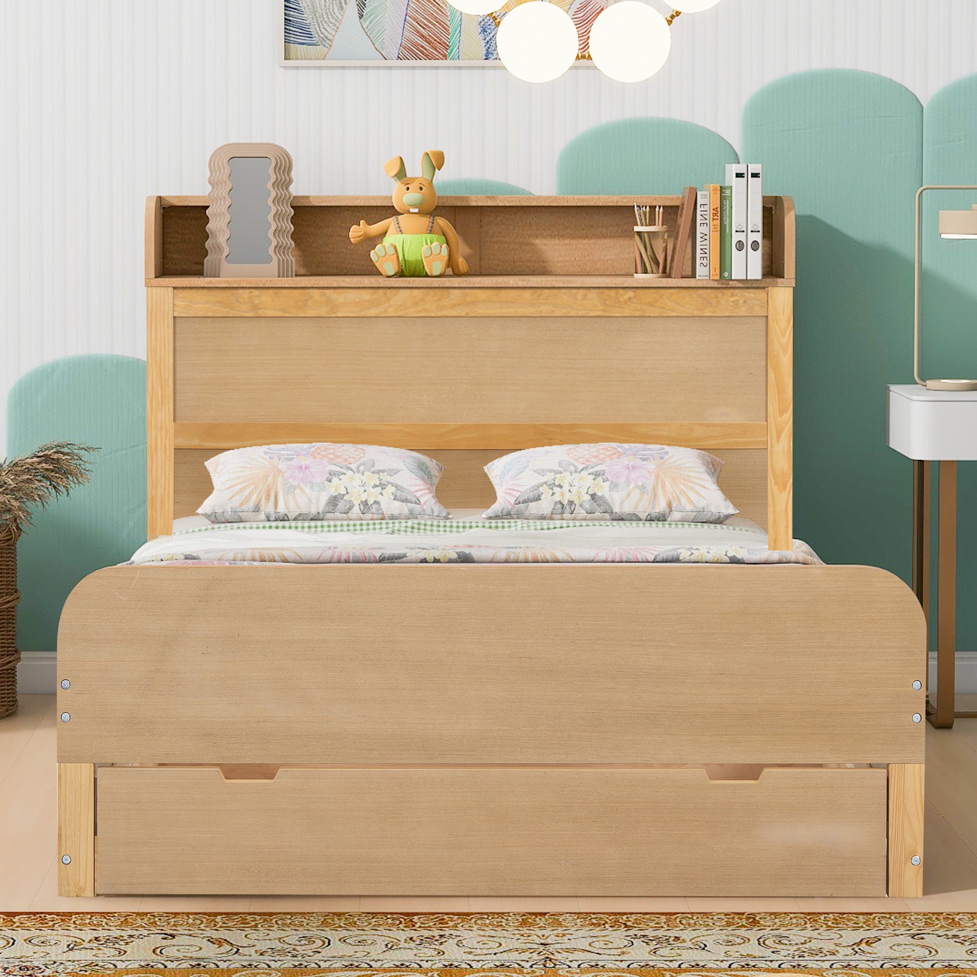 Royard Oaktree Full Size Wood Platform Bed with Storage Headboard, Multi-functional Bed Frame with 1 Big Drawer and Open Shelves, Rustic Storage Captain's Bed with Slat Support